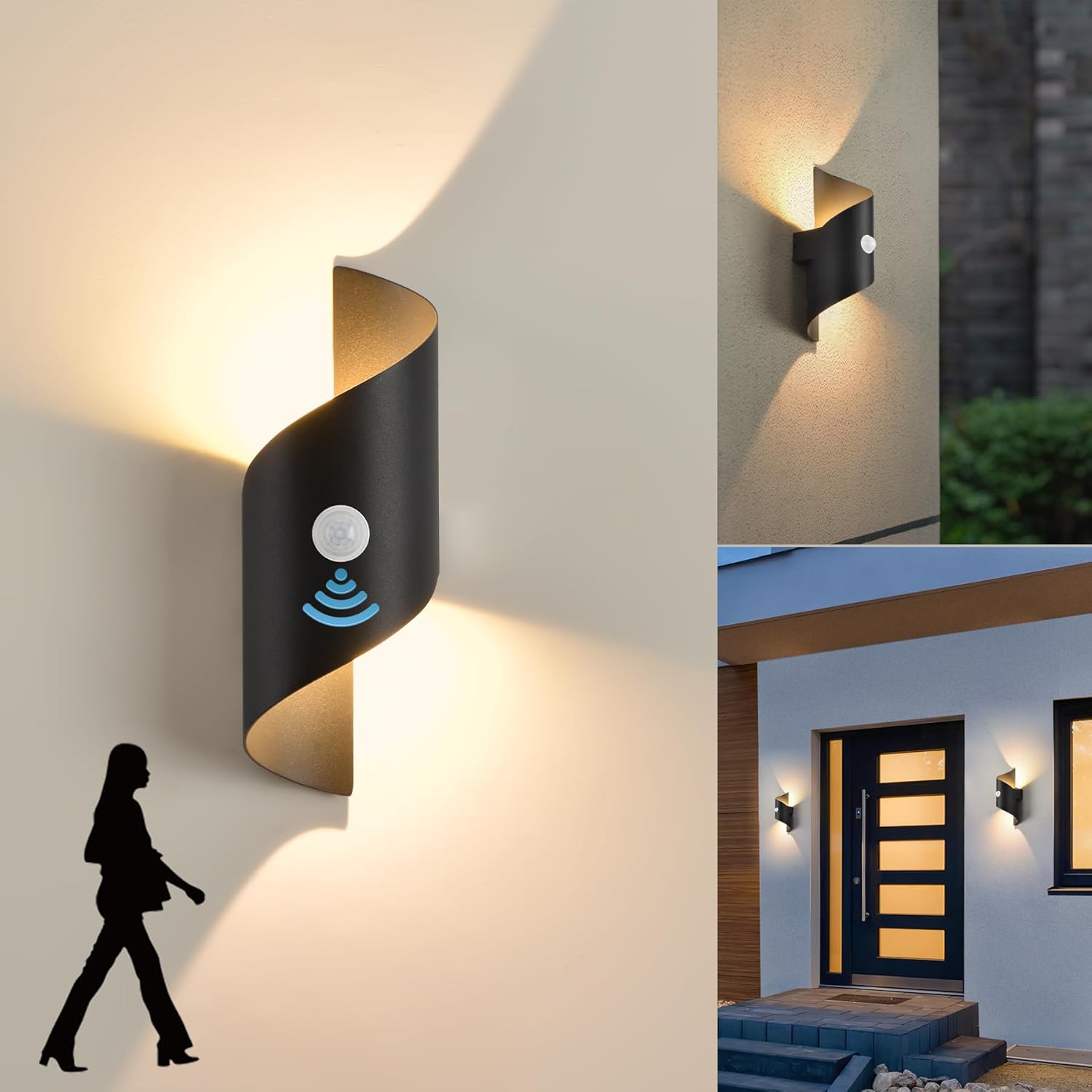 Lámpara de pared LED 10W con sensor de movimiento, IP65 a prueba de agua. Fabricada en aluminio de alta calidad, con un diseño S elegante y eficiente. Ofrece 600 lúmenes de luz cálida (3000K). Dimensi