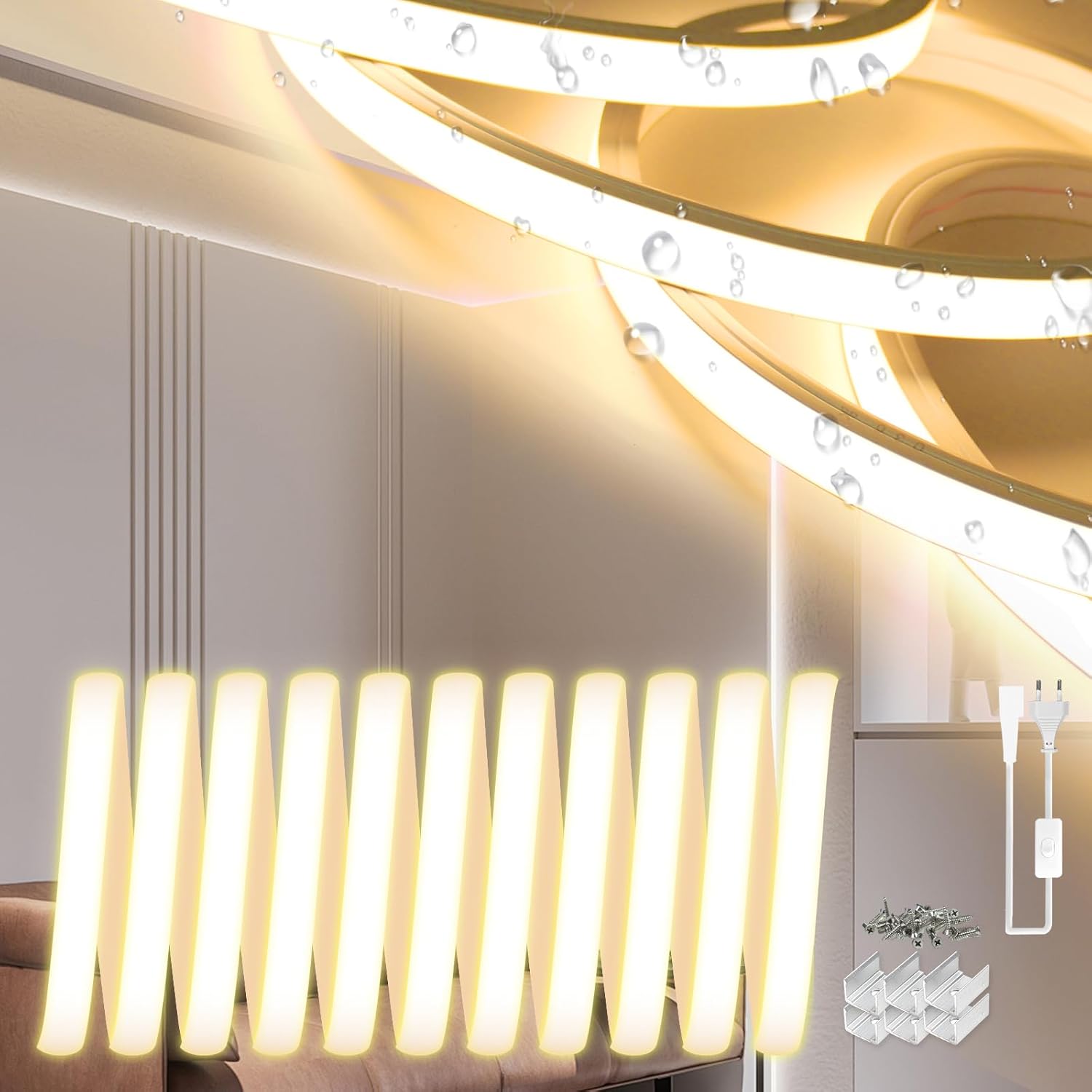 Tira de LED neón SUCIKORIO de 20 m, resistente al agua y al fuego IP65, luz blanca cálida de 3000 K, 10 mm, luces LED de cadena para exteriores de 230 V, flexible, para bricolaje, con fuente de alimentación para el hogar, fiestas y cocinas.
