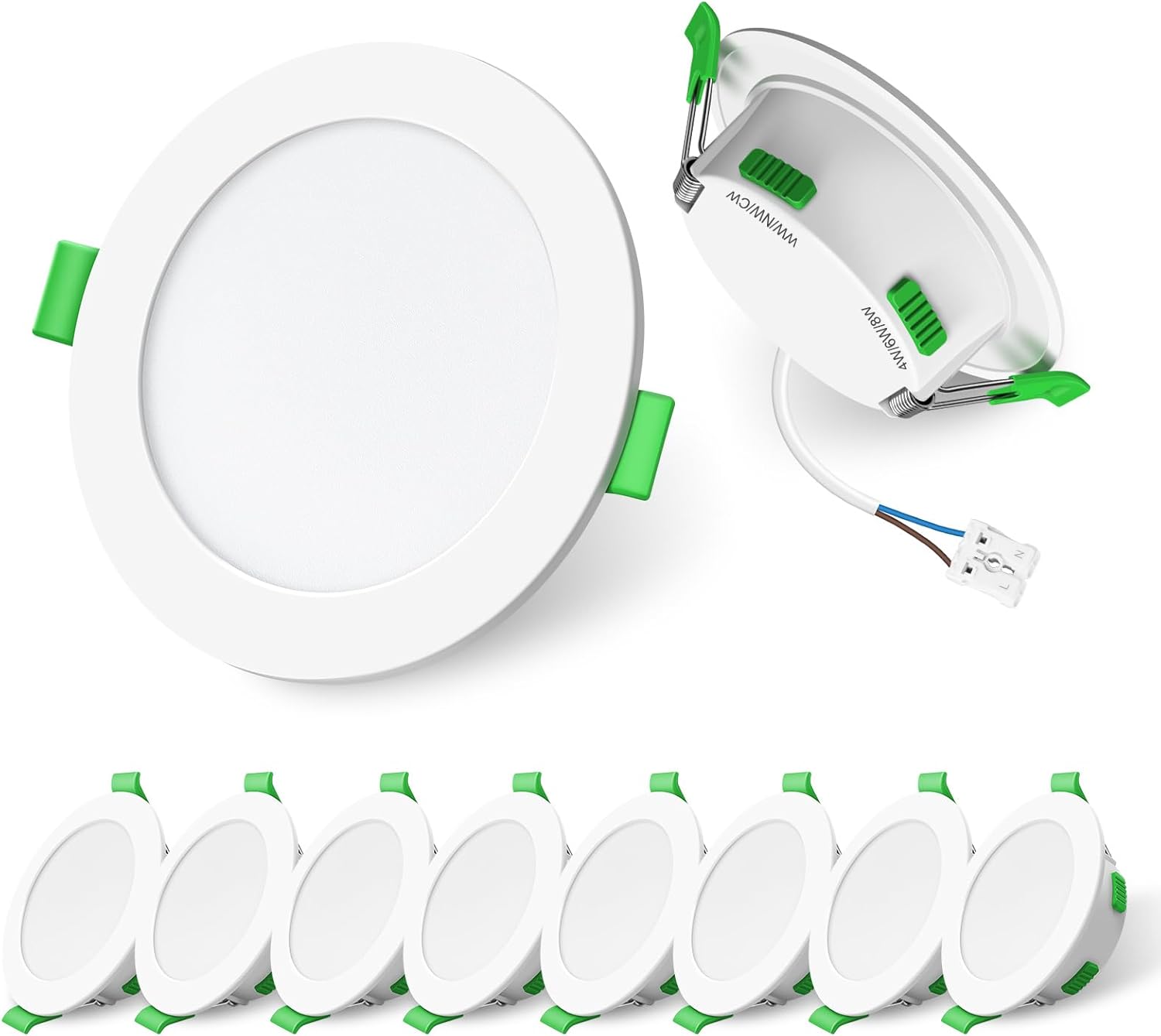 Focos empotrables LED ALUSSO 230V regulables, 4W/6W/8W, 3CCT blanco cálido/blanco neutro/blanco frío, luz de techo ultradelgada de 68 mm, IP44 para baño y cocina, juego de 10