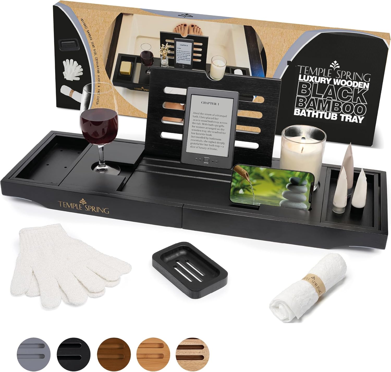 Bandeja de baño extensible de bambú de 70 cm de ancho y 23 cm de profundidad, ajustable hasta 105 cm. Almohadillas antideslizantes para mayor estabilidad. Incluye jabonera de bambú, toalla facial y gu