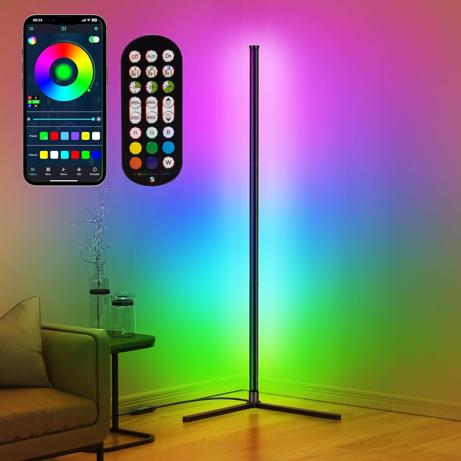 Lámpara de pie LED riyo, lámpara de pie para salón con control por app y mando a distancia, lámpara de esquina RGB con 16 millones de colores y más de 68 escenas. Luz ambiental que cambia de color y se sincroniza con la música.