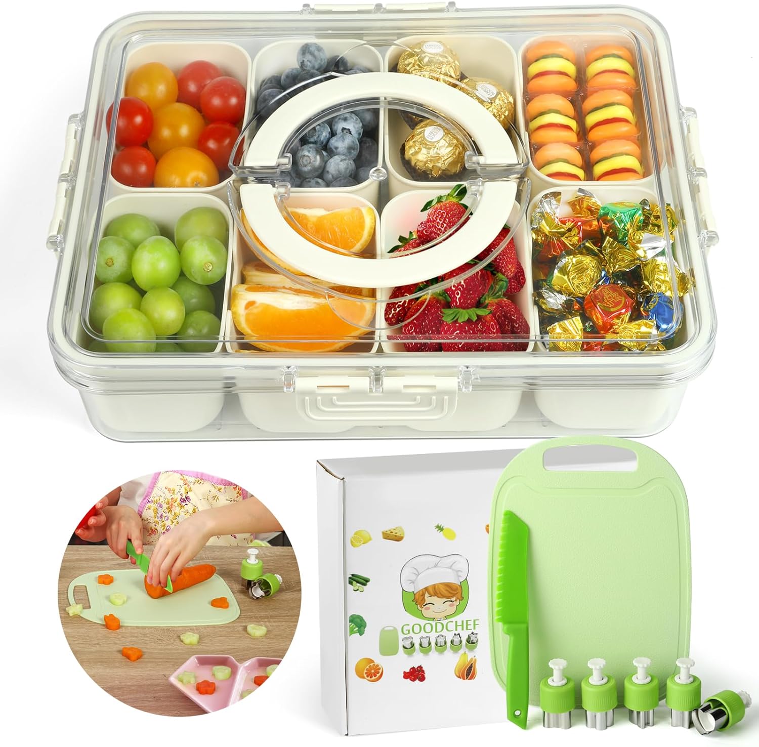 Goodchef Bandeja para servir para niños, cuencos para aperitivos, cuencos para salsa, juego de cuchillos infantiles de seguridad para cocinar frutas o verduras con cuchillo de chef, 8 platos, platos p
