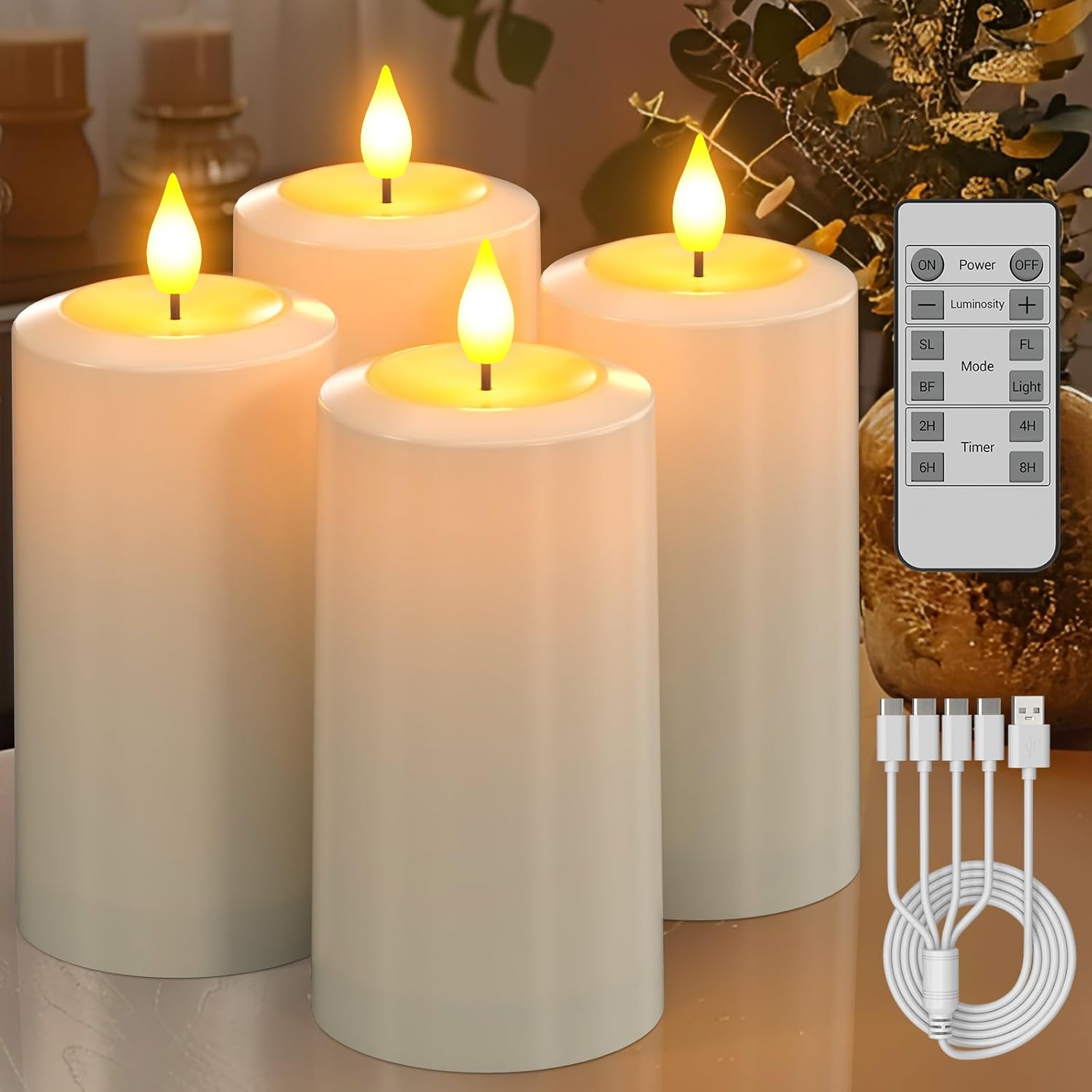 SoulBay Velas LED con función de Temporizador, Juego de 4 Velas eléctricas Recargables con Temporizador de Control Remoto, Velas LED de Pilar, parpadeantes, Impermeables para Habitaciones, decoración 