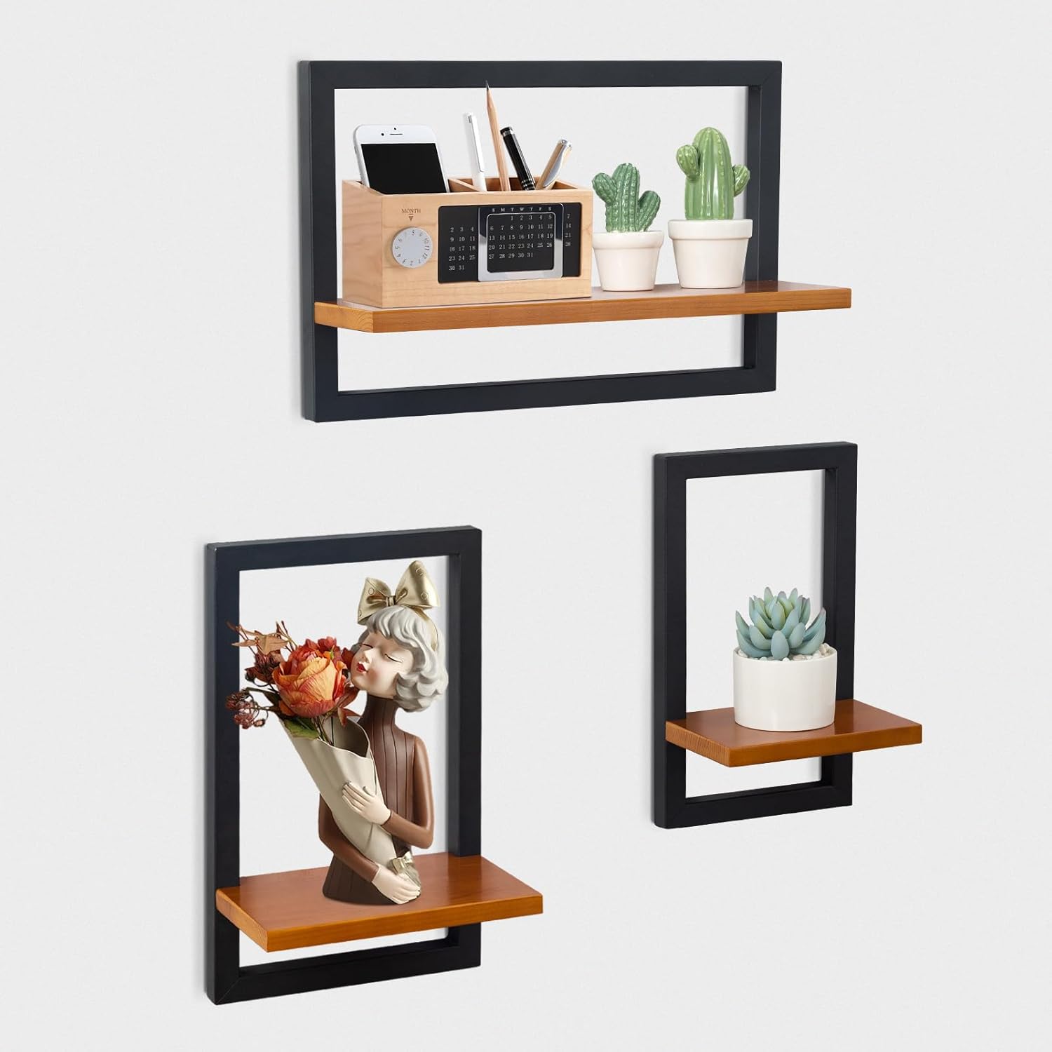 Juego de 3 estantes flotantes de pared hi-home, decoración de pared, estantes cuadrados de madera para baño y sala de estar, color marrón (nogal)
