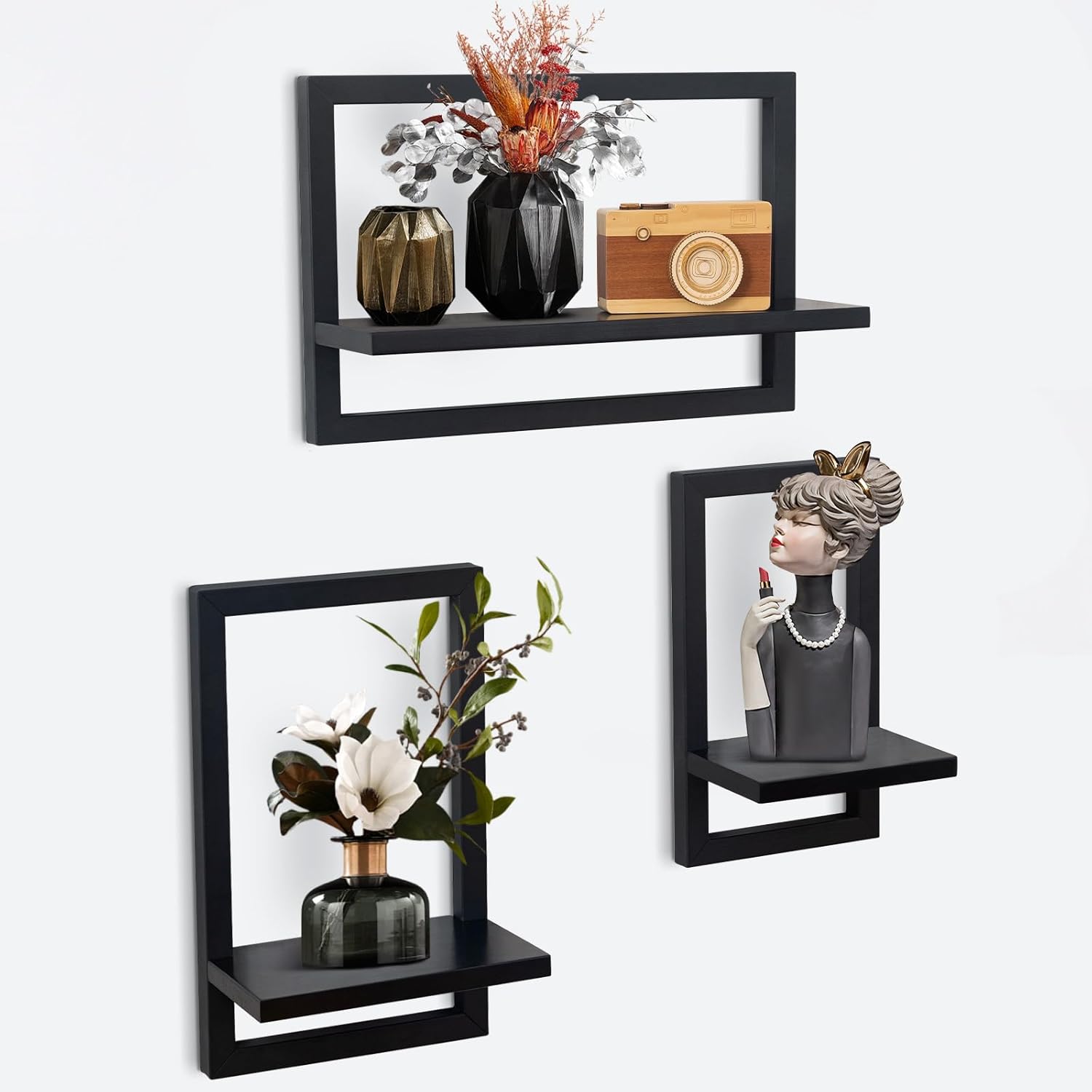 hi-home Juego de 3 estantes de pared, estante flotante para decoración de pared, estantes colgantes para almacenamiento en la pared, estantería cuadrada, estante de pared, estante colgante de madera p