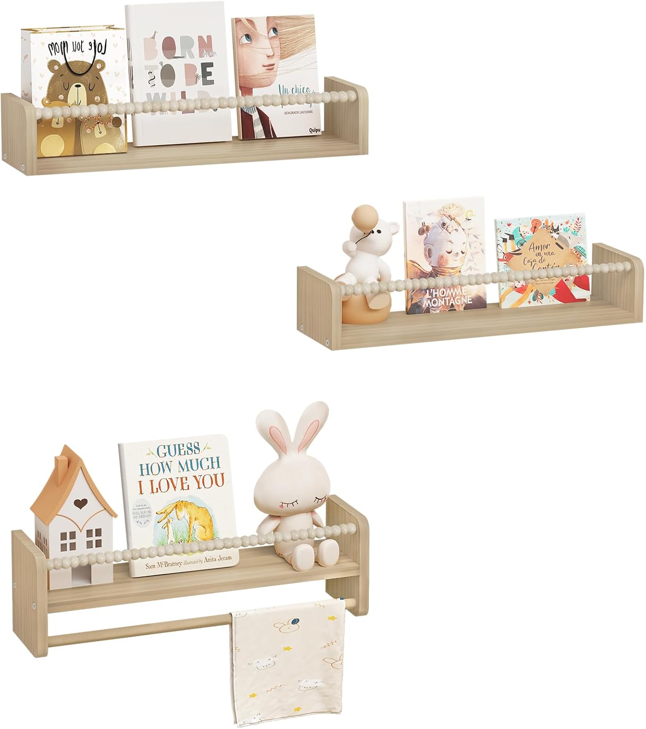 WOLTU Juego de 3 Estantes Madera de Pared para Niños, 50cm Librería Infantil para Niños, Estante Flotante de Madera Maciza, Balda de Pared para Libros y Juguetes en Habitación Infantil y Guardería