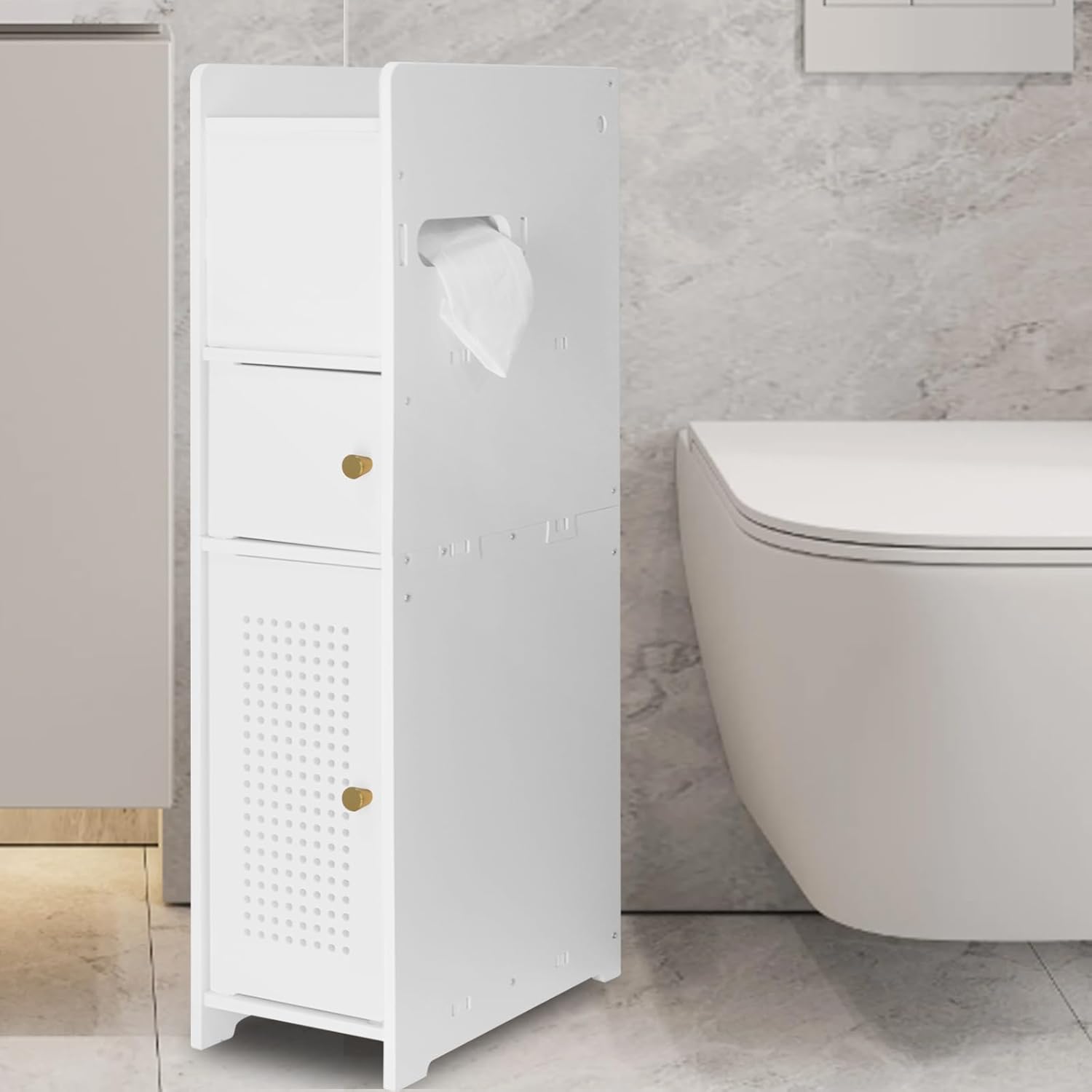 Mueble de baño compacto AOJEZOR de 15 × 17 × 76 cm, ideal para espacios reducidos. Fabricado en PVC resistente al agua, incluye un portarrollos de papel higiénico y dos estantes para almacenamiento. Fácil montaje y diseño multifuncional para usar en baño o dormitorio.