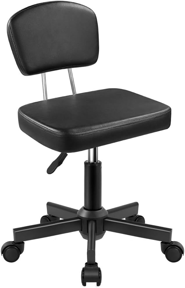 Taburete con ruedas y respaldo, altura ajustable, giratorio 360°, asiento cuadrado, piel sintética, para dormitorio, mostrador, tienda, salón, masajes, oficina en casa, dibujo (negro)