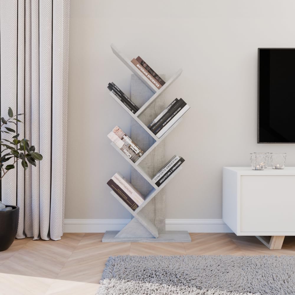 Librería ComfortCove Tree, librería de escritorio, estantería de pie, estantería de almacenamiento para sala de estar, oficina, dormitorio o cocina, 7 estantes, gris