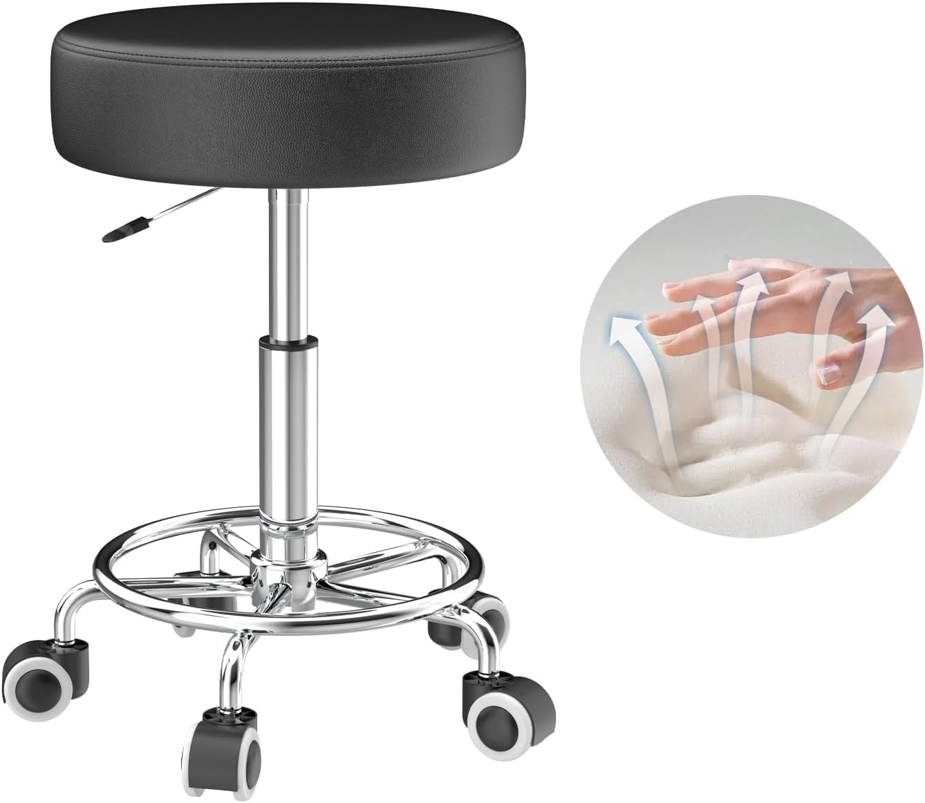 Taburete de altura regulable 49cm-63cm, taburete rodante con reposapiés para relajación corporal, taburete compacto, cómodo y ligero de piel sintética con ruedas, taburete giratorio, taburete de trabajo, taburete de peluquería, taburete de oficina (1 negro)