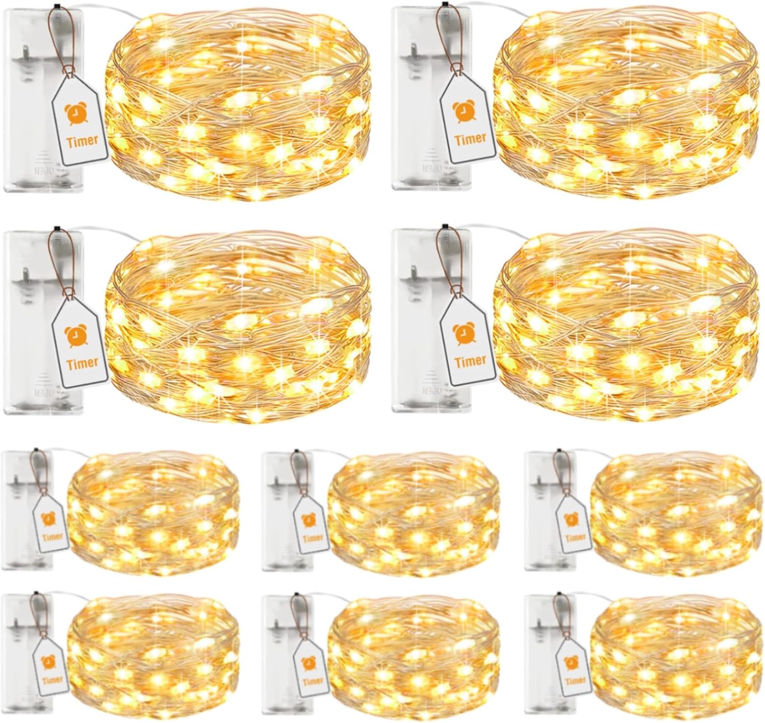 btfarm Paquete de 10 guirnaldas de luces LED a pilas con temporizador, 2 m, 20 microluces LED de alambre plateado, luces de interior a pilas para fiestas, Navidad, bodas, Halloween, decoración de interiores, blanco cálido