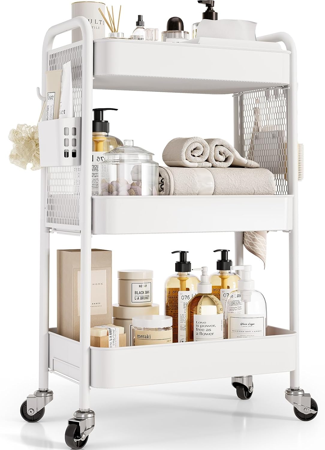 Carrito de almacenamiento multiusos Urackify para diversas aplicaciones: carrito rodante de metal de 3 niveles con tableros perforados, cestas y ganchos para bricolaje para almacenamiento adicional en la cocina, el baño, la oficina, el aula y