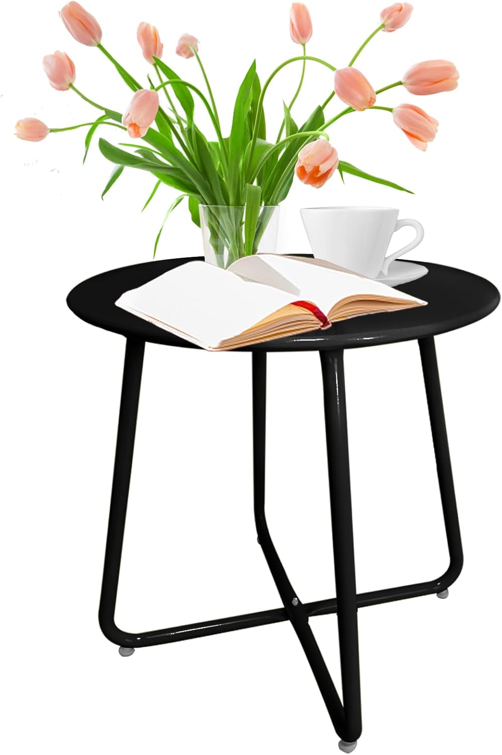 Mesa auxiliar de patio U-BCOO, pequeña mesa redonda de acero resistente para patio, balcón, porche y jardín (negra, redonda, de aleación de acero)