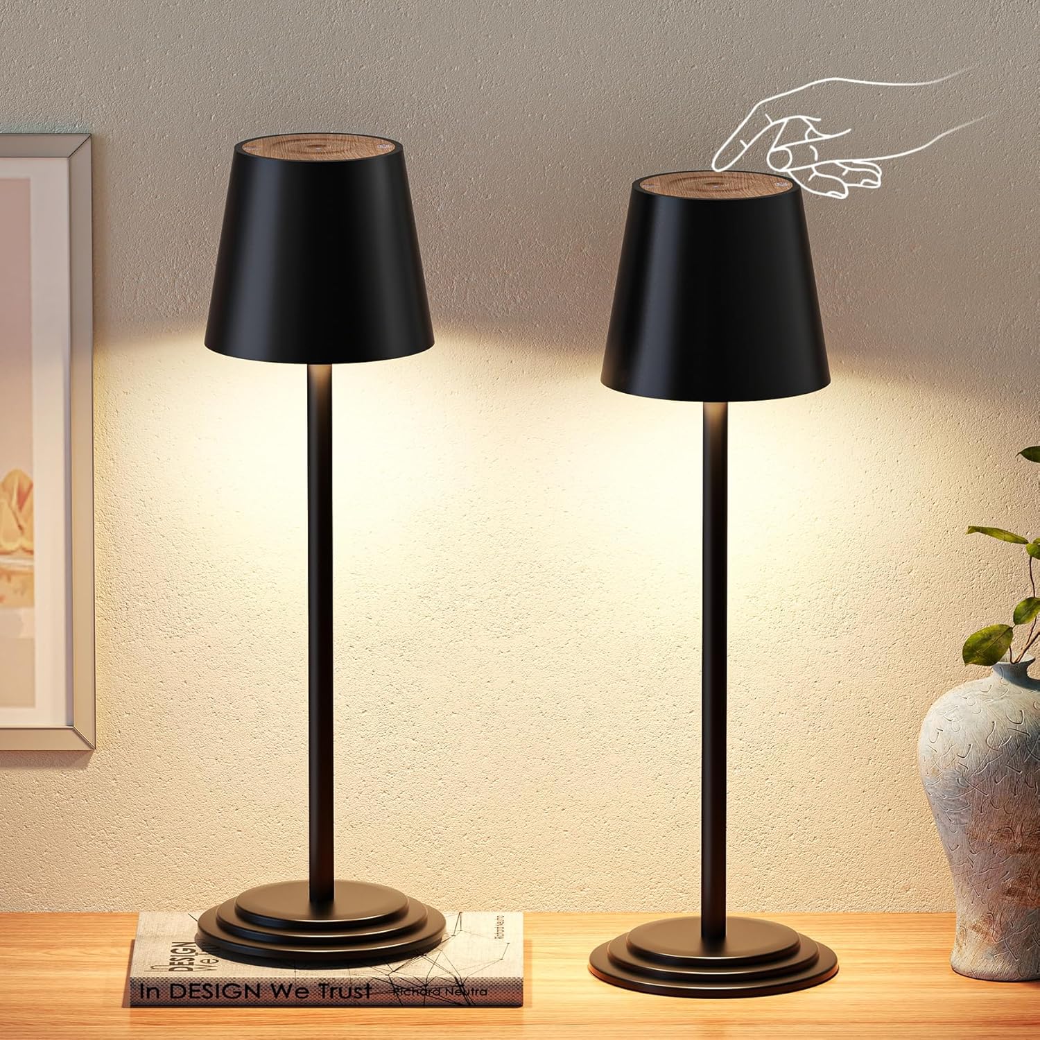 Lámpara de mesa Bonsery inalámbrica, lámpara de mesa con batería y regulación táctil, juego de 2 lámparas de noche impermeables para exteriores, lámpara de mesa LED con batería y veta de madera para e