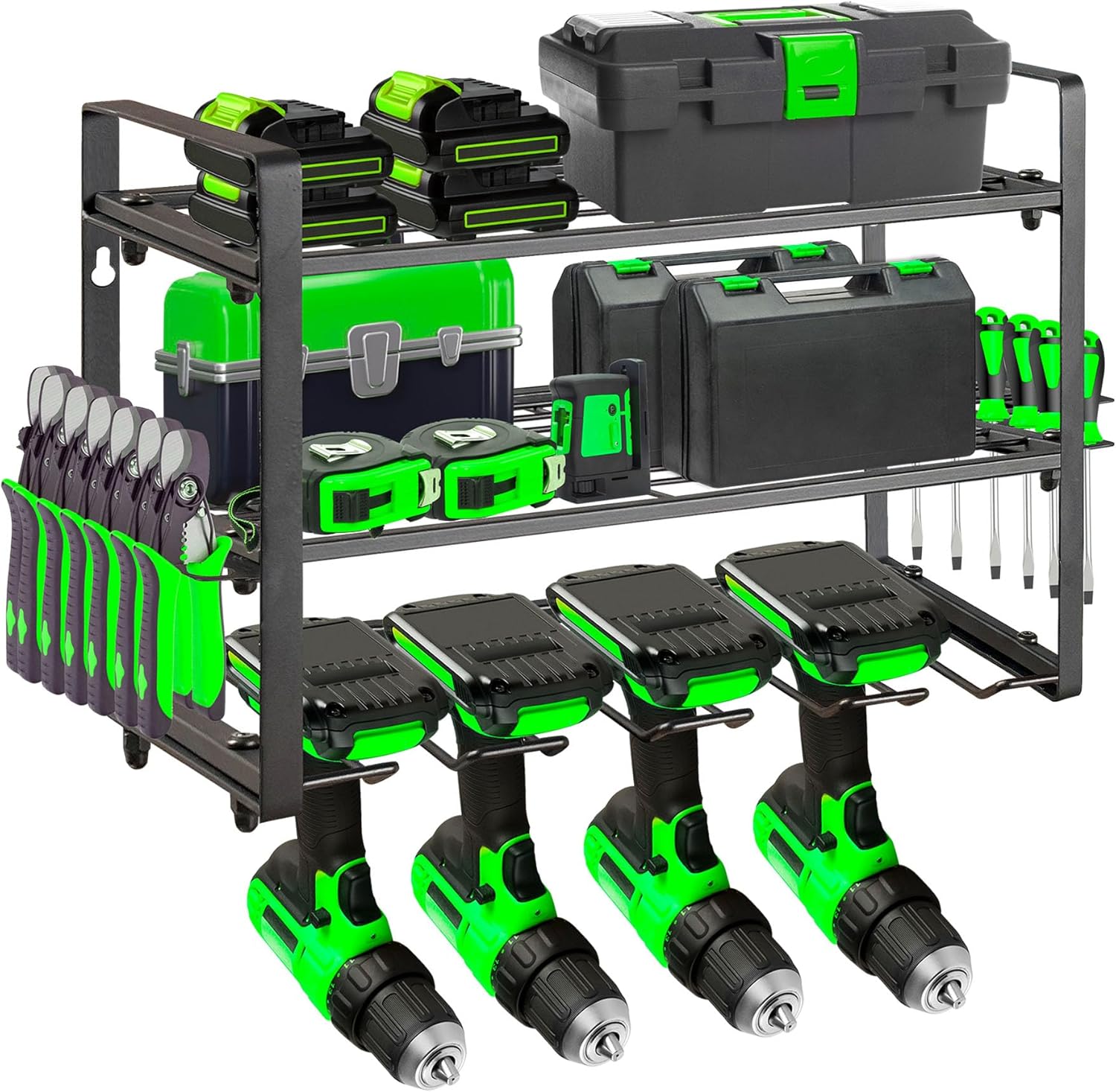 Estante de herramientas de pared Mimoke: organizador de herramientas eléctricas y brocas de 3 niveles para garaje y taller (3 niveles)