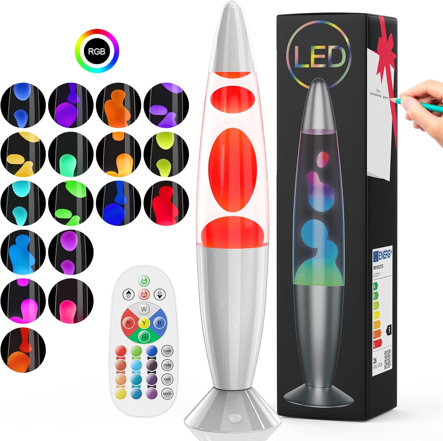 Lámpara de noche con 17 cambios de color, lámpara de lava de 34 cm con mando a distancia, lámpara retro para niños y adultos, iluminación decorativa para Navidad, cumpleaños y fiestas, color plateado.