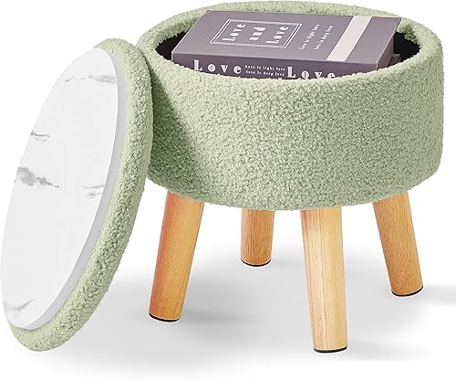 Puf otomano pequeño IBUYKE de 33 cm con almacenamiento, puf redondo con asiento y tapa acolchados, mini puf otomano Teddy Velvet para la entrada del sofá de la sala de estar, verde WBD006GR