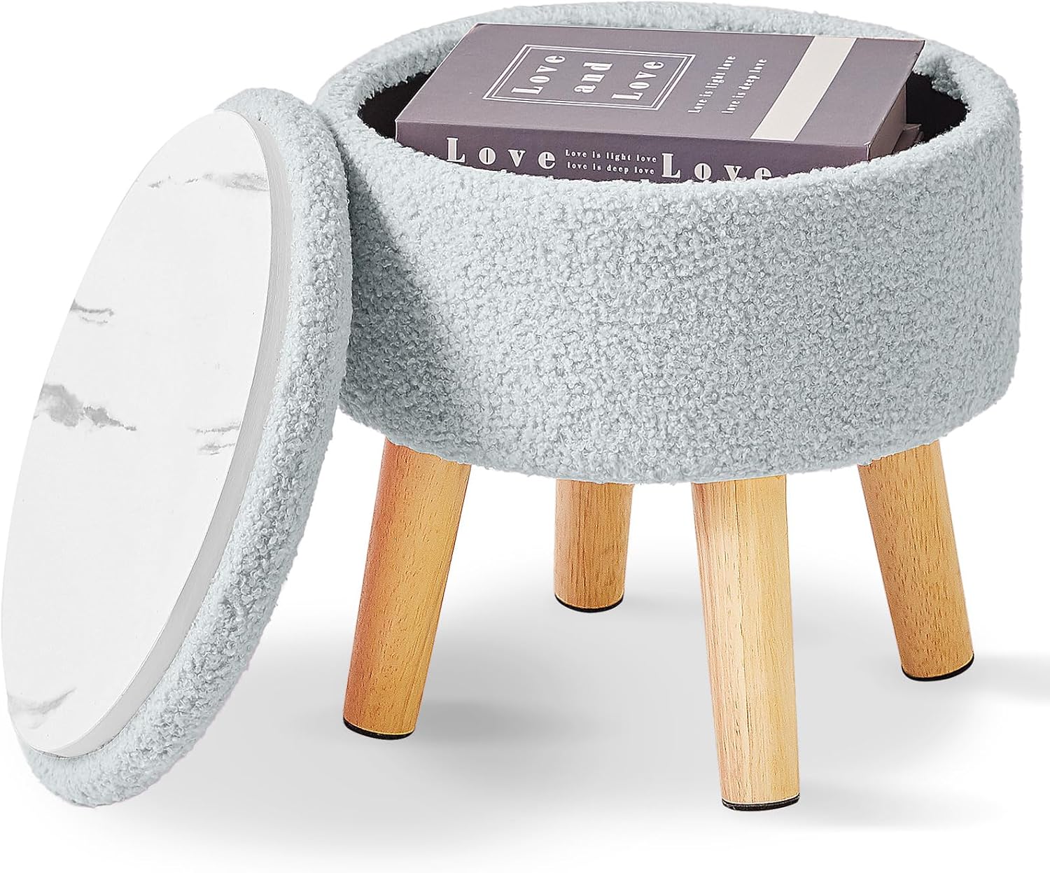 Puf pequeño IBUYKE de 33 cm con almacenamiento, asiento y tapa acolchados, ideal para la entrada, el sofá o la sala de estar. Color gris azulado (WBD006H).