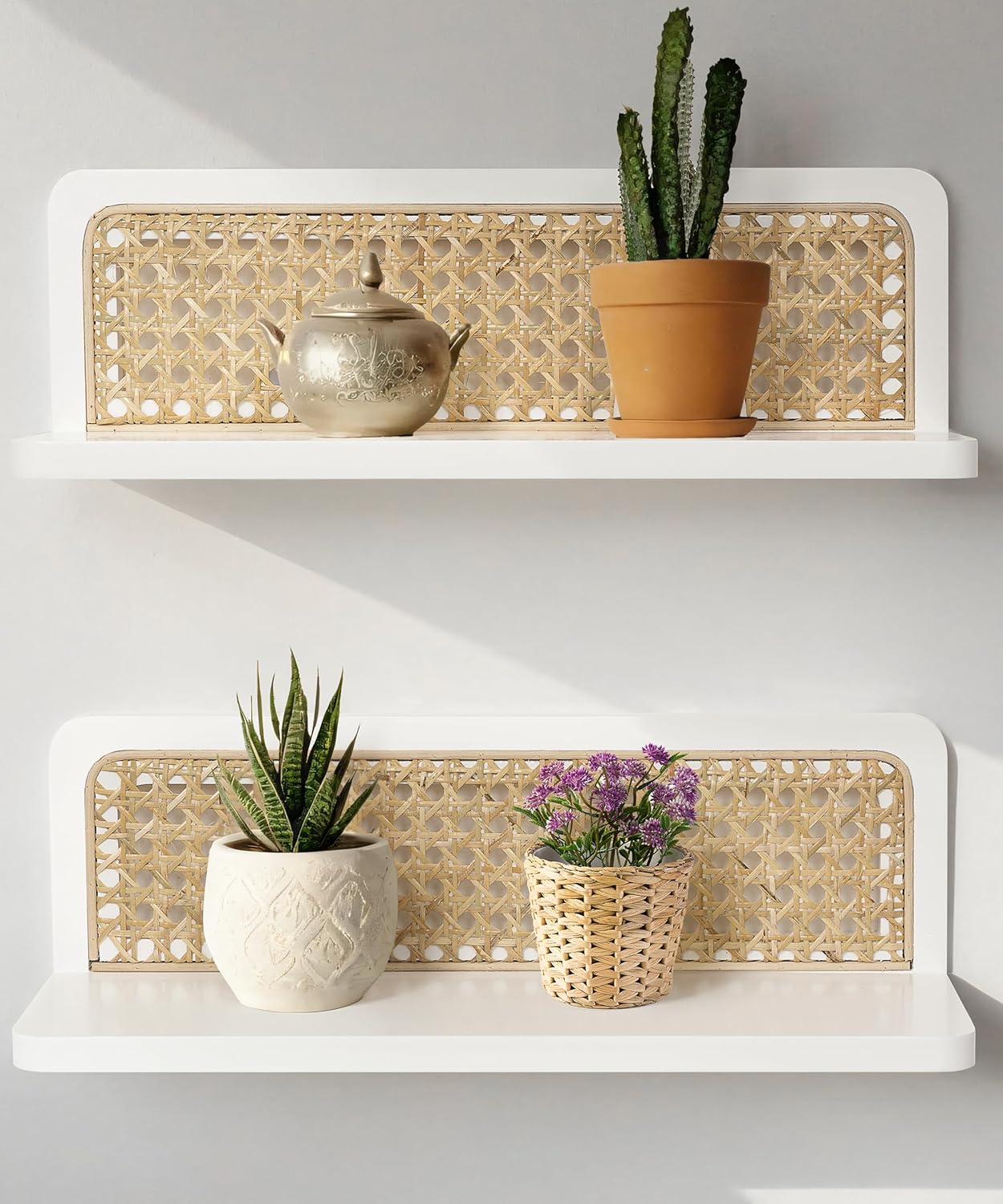 Estante de pared Mazjoaru blanco bohemio (2 unidades), estantes de ratán, decoración de pared bohemia, estantes de almacenamiento de madera modernos y rústicos para sala de estar, habitación infantil y dormitorio.