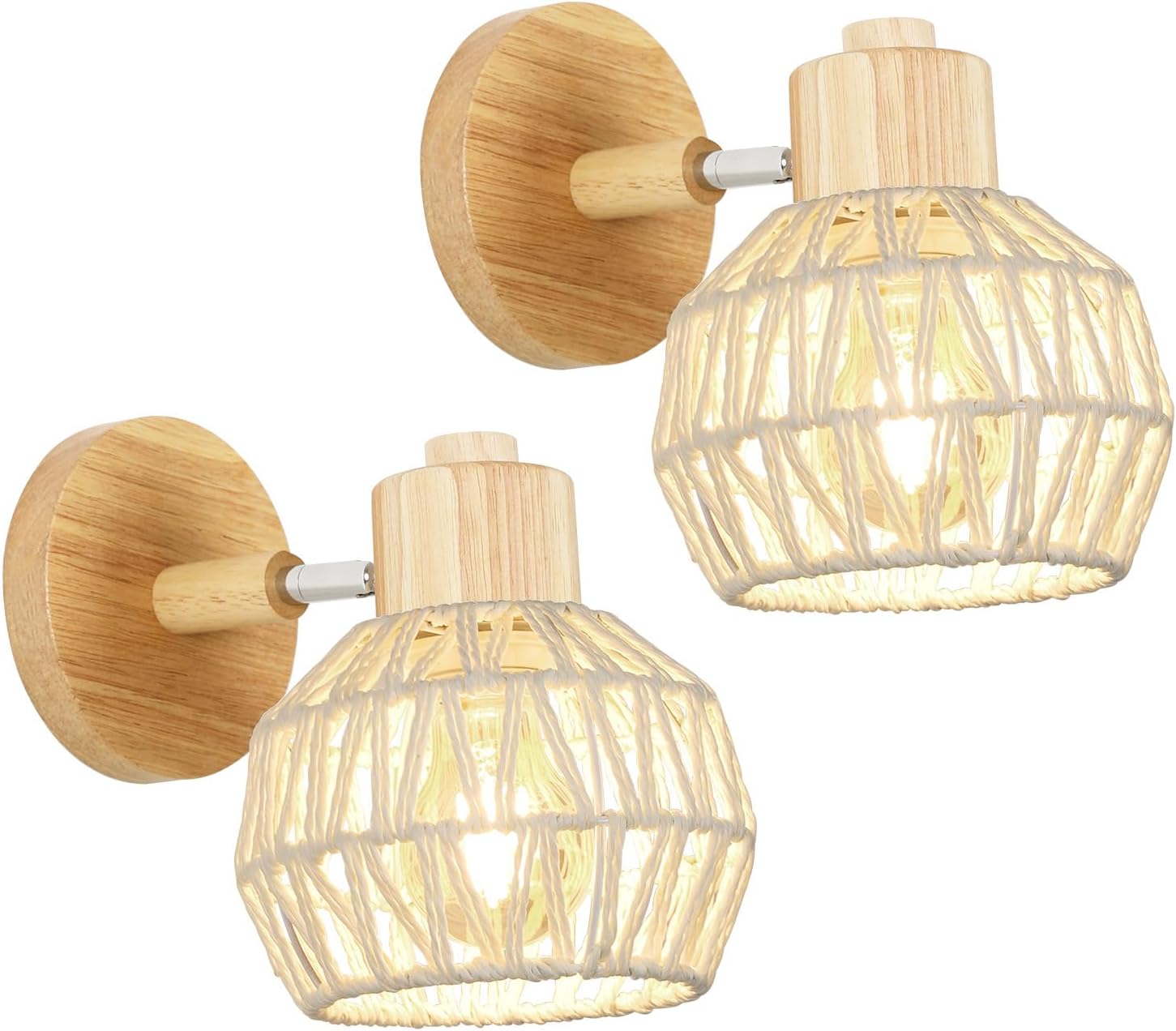 DELIPOP 2 Lámparas de pared interiores E27 de madera estilo vintage con ratán - Foco de pared industrial retro, luces de pared ajustables para sala de estar, dormitorio y escalera