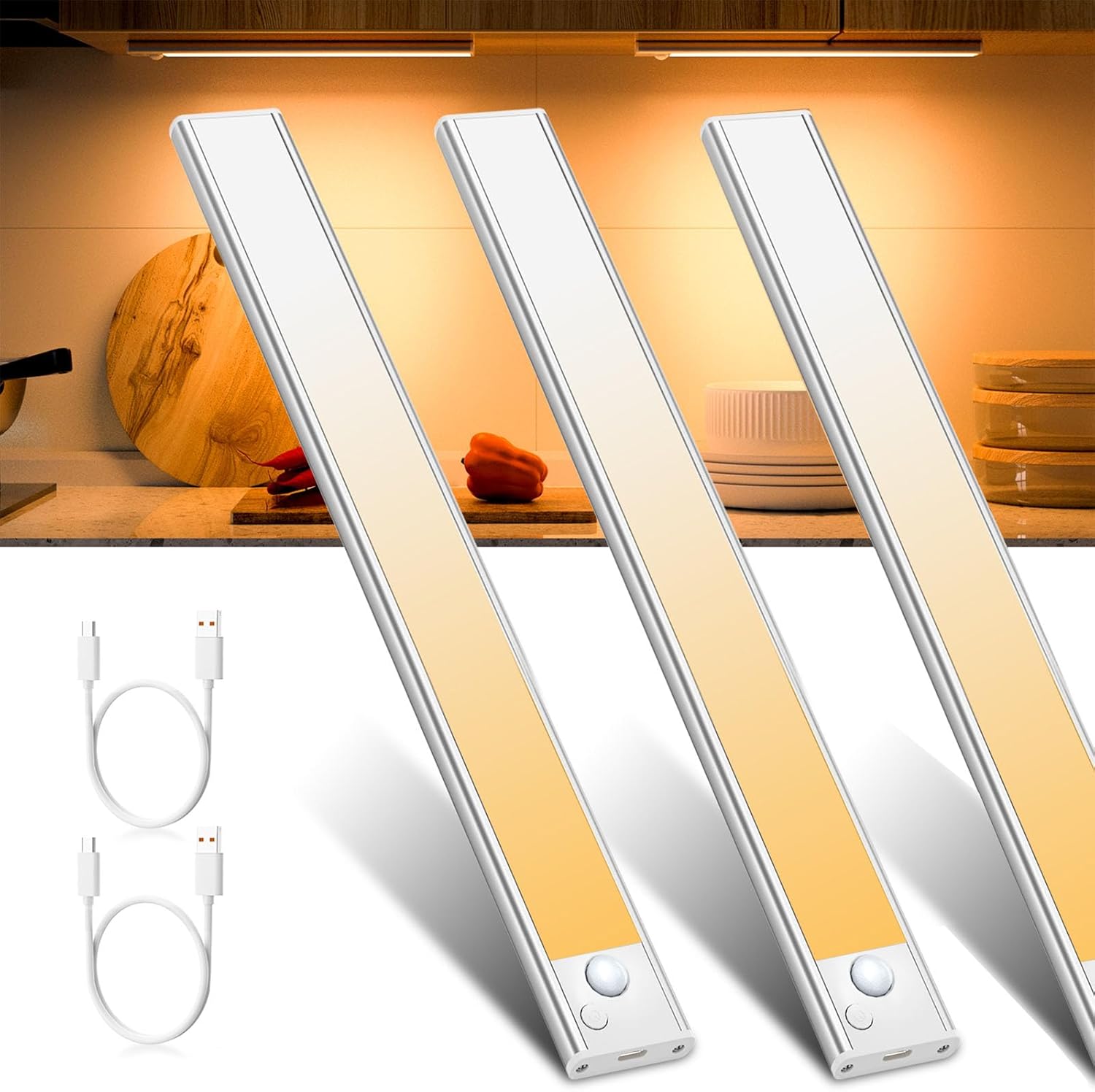 JEKEMORYE - Lámpara LED para debajo del gabinete de cocina, con sensor de movimiento, luz blanca cálida, paquete de 3, 30 cm, recargable por USB, para interiores, con batería recargable, para debajo d