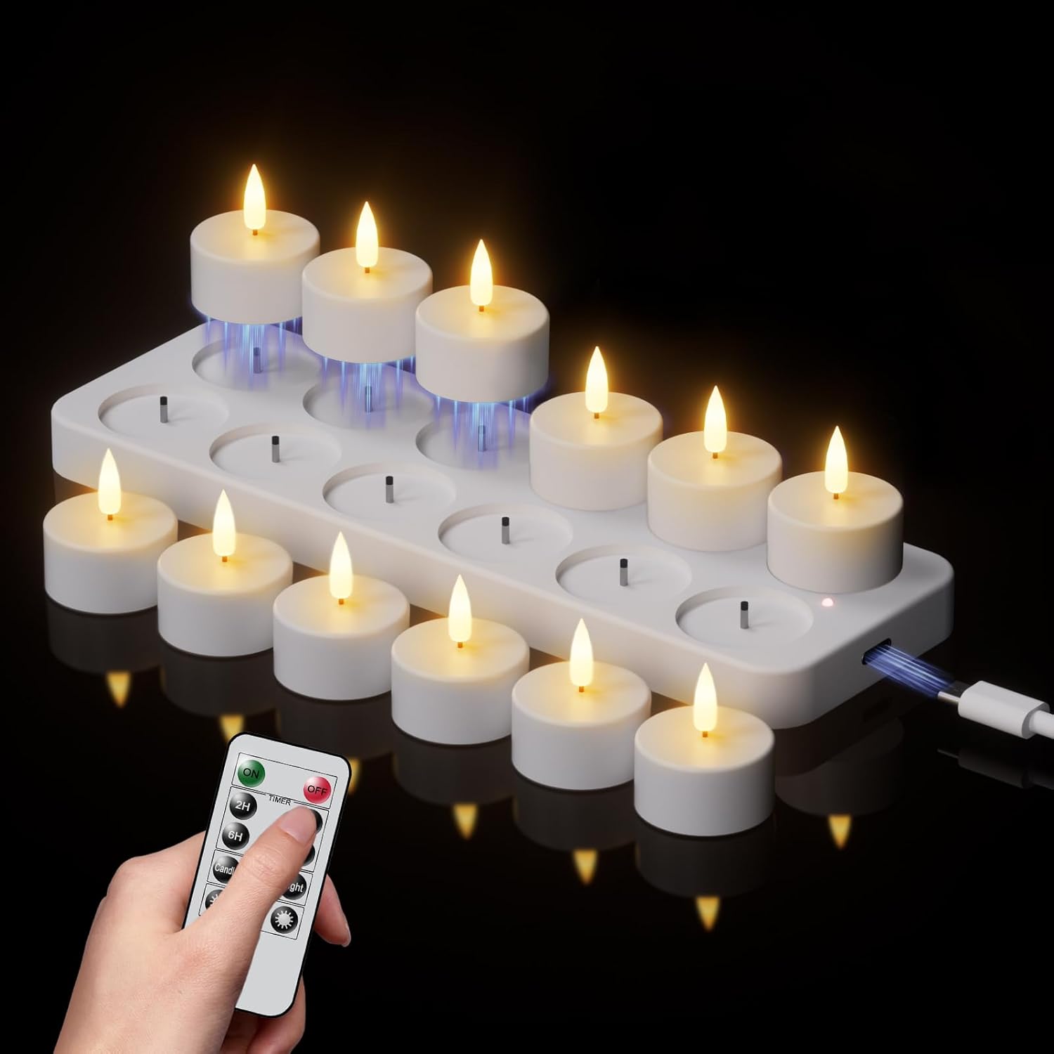 Velas LED recargables Eldnacele con temporizador, juego de 12 velas LED con control remoto, velas LED con temporizador, velas votivas sin llama para el hogar, la mesa y la decoración navideña de Halloween.