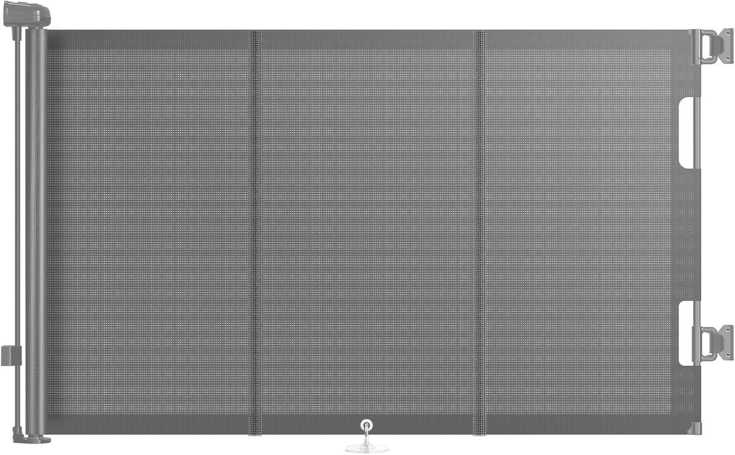 Barrera de seguridad enrollable, ajustable de 0 a 150 cm, adecuada para uso con niños y mascotas. Fabricación resistente y fácil instalación. Ideal para hogares con niños pequeños y perros de diferentes tamaños.