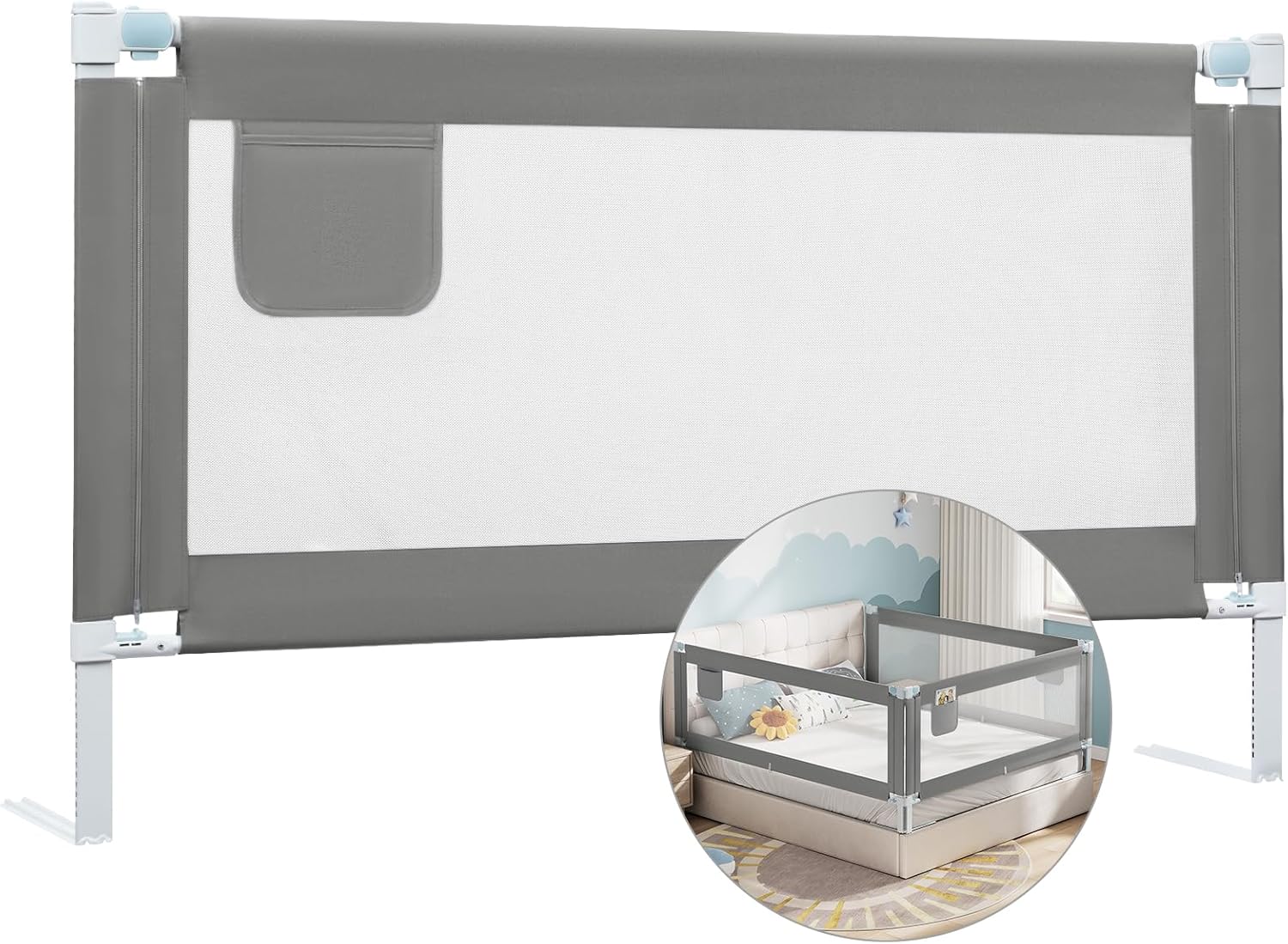 Barandilla de cama WOLTU de 150 cm para niños y bebés, altura ajustable (69-87 cm), tela Oxford de metal, gris oscuro.