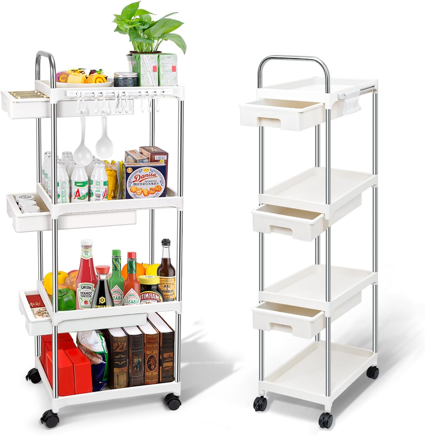 Carrito auxiliar con ruedas, fabricado en material PP y acero inoxidable. Cuenta con cajones dobles push-pull para almacenamiento, ocupa 0.1 m². Ruedas giratorias con opción de frenado. Fácil montaje 