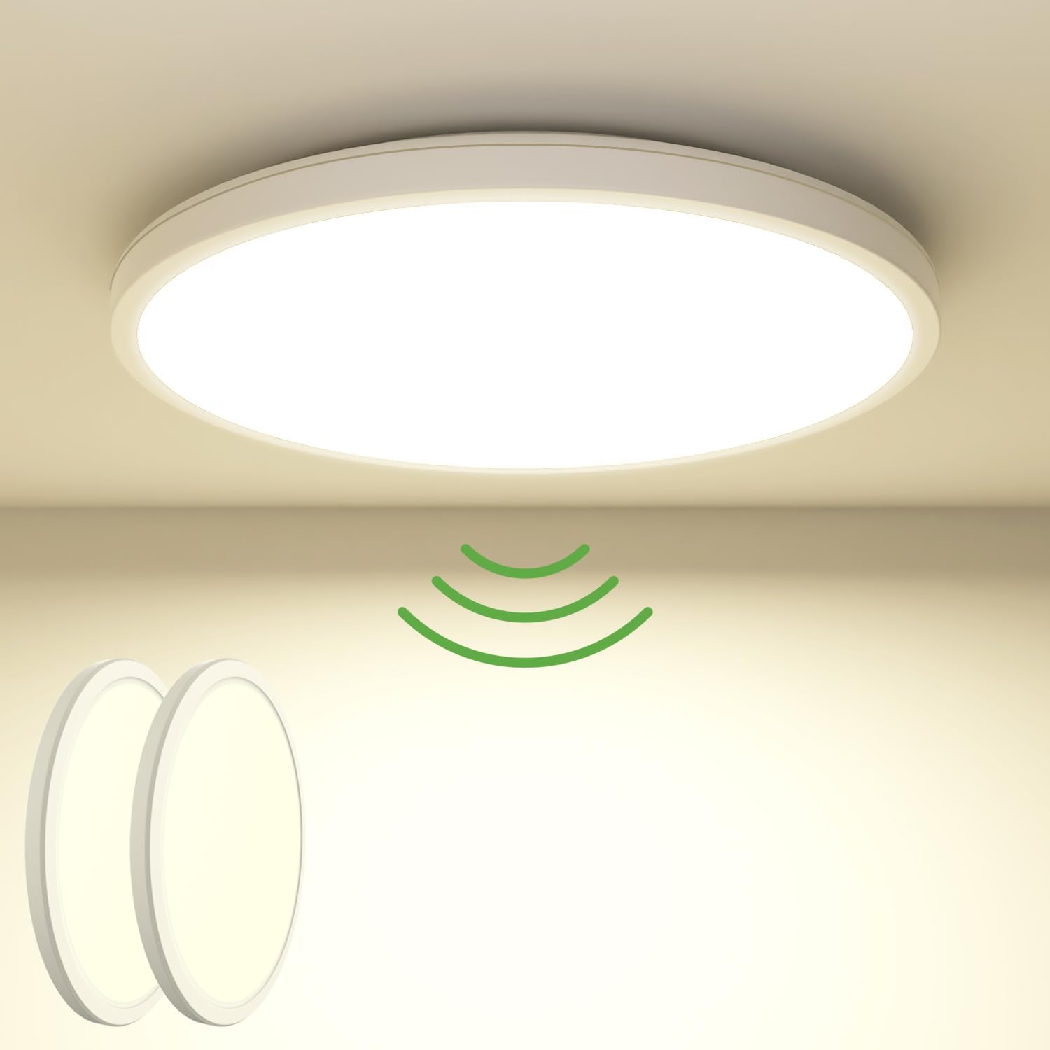 Lámpara de techo LED Zemty con sensor de movimiento, 19 W, 4000 K, plana, para interiores, 22 cm, 1800 lm, redonda, IP44, para balcón, pasillo, garaje, paquete de 2