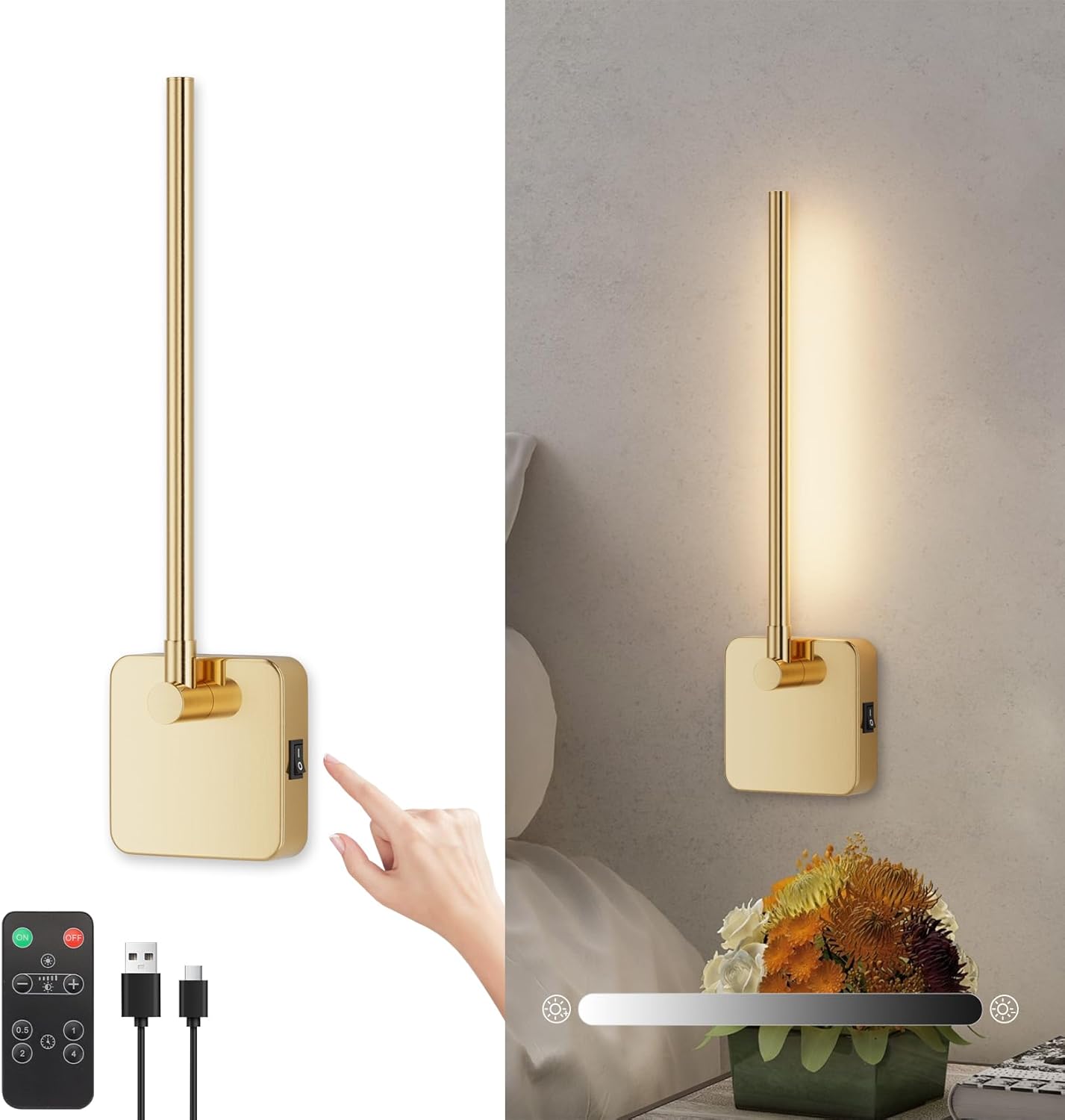 Aplique de pared LED Klighten para interiores con batería recargable, inalámbrico, 3W 3000K, con control remoto, baterías de 5000mAh con USB-C, giratorio 350° con funciones de atenuación y temporizador, para sala de estar, latón.