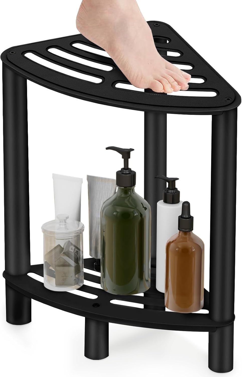 Taburete de ducha JIAPAIDUO Mental, taburete de ducha moderno, taburete de baño con almacenamiento, taburete de ducha pequeño, banco de baño, taburete de baño negro mate con cojín de goma