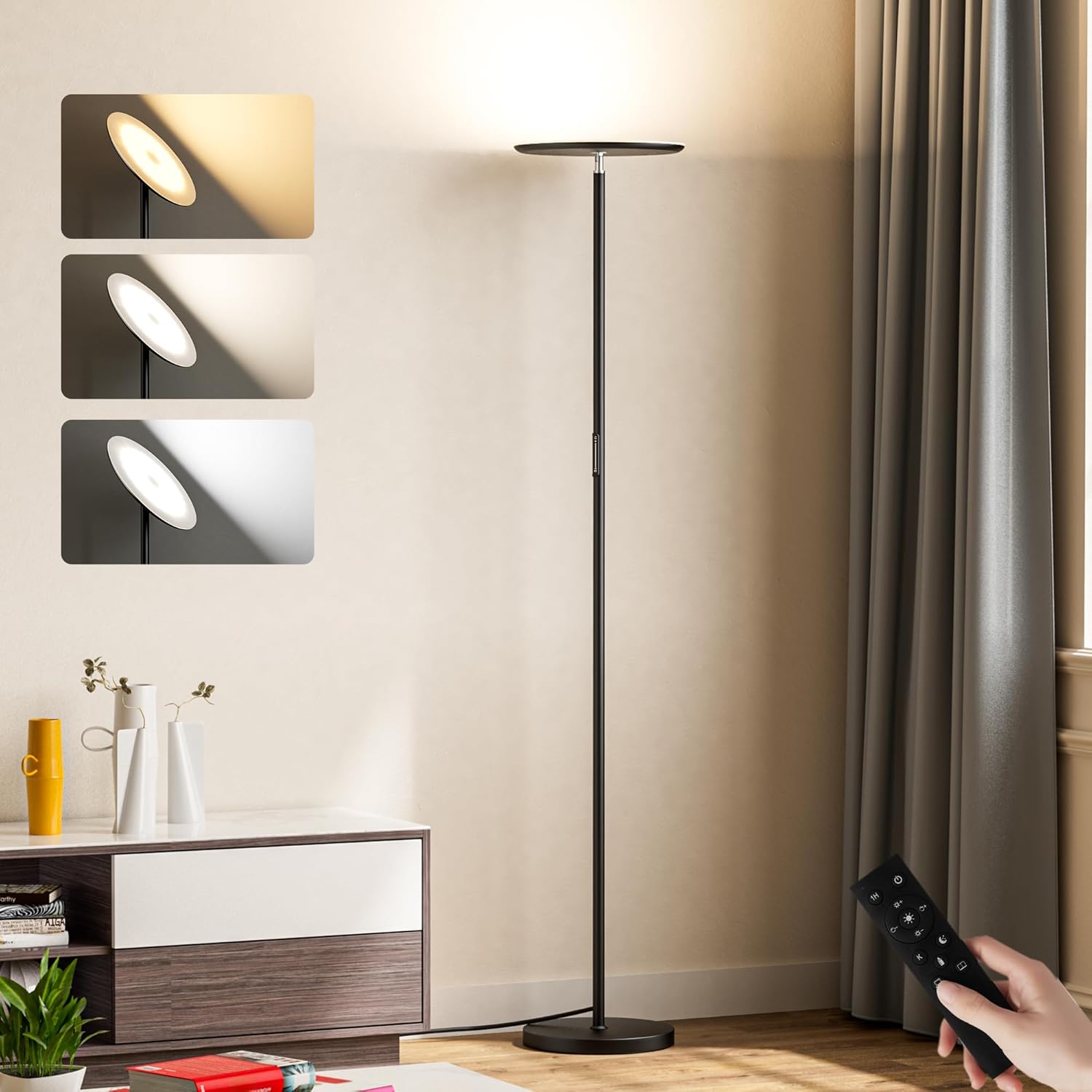PreeOtti Lámpara de Pie Sala de Estar, Foco de Techo LED de 36 W con Control Remoto y Control Táctil, 3 Temperaturas de Color, Continuamente Regulable, Lámpara de Lectura Moderna Lámpara de Pie para S