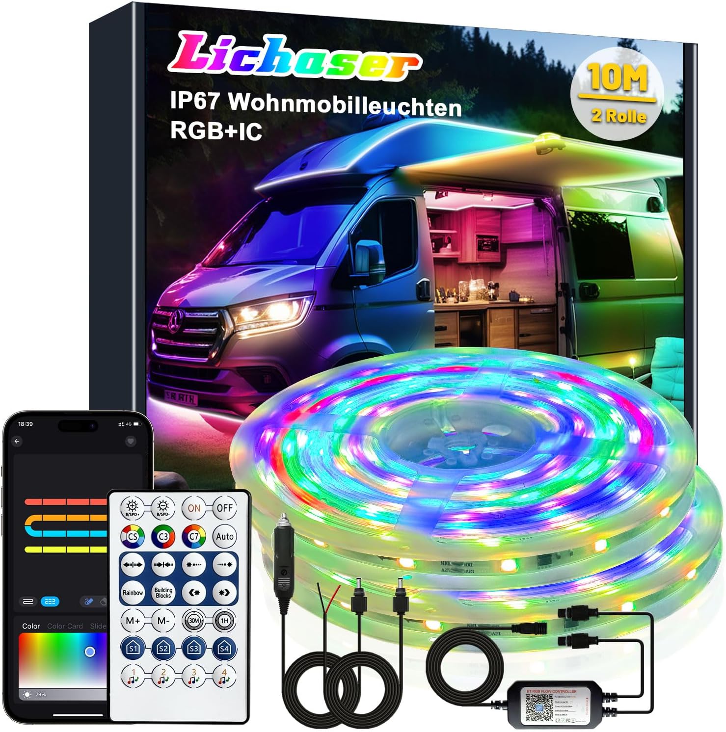 Lichaser Tiras LED 10M para autocaravanas, Lámparas LED 12V impermeables para autocaravanas IP67 RGB+IC con app y mando a distancia, iluminación para autocaravanas de interior y exterior para caravana
