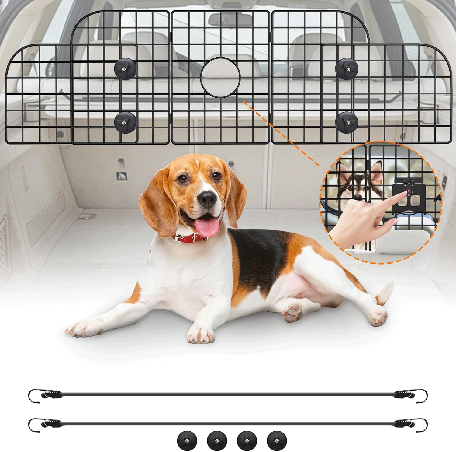 Rejilla separadora para perros Denmay para coches, barrera de seguridad universal para coche, 30,7 x 93-150 cm, ancho ajustable, barrera para reposacabezas y maletero con puerta de acceso, 2 cinturones de seguridad para perros, negra