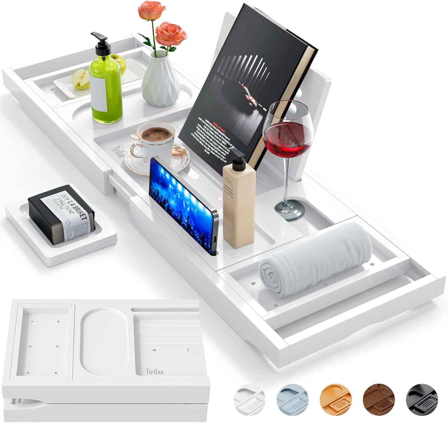 Bandeja de baño plegable, bandeja de baño retráctil y ajustable, bandeja de baño multifuncional con sujetalibros, jabonera, toallero y soporte para copa de vino, color blanco