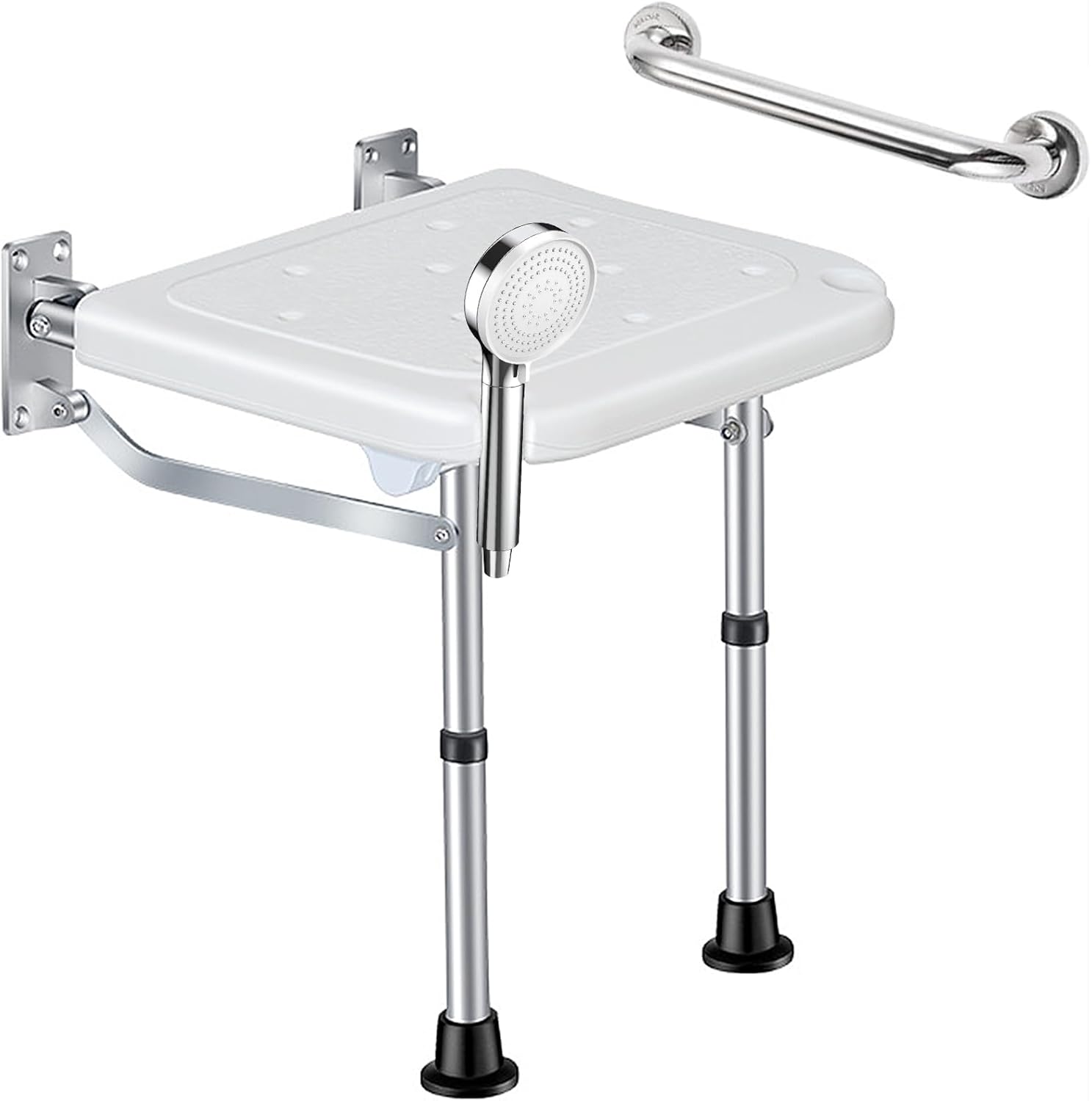 Silla de ducha plegable montada en la pared, con capacidad de carga de 180 kg. Se ajusta entre 16.5' y 20.9'. Fabricada en aleación de aluminio engrosado, resistente al desgaste y al envejecimiento. Diseño de estabilidad triangular, almohadillas antideslizantes y pasamanos de acero inoxidable. Se pliega 90° para ahorrar espacio. Fácil instalación con pernos incluidos.