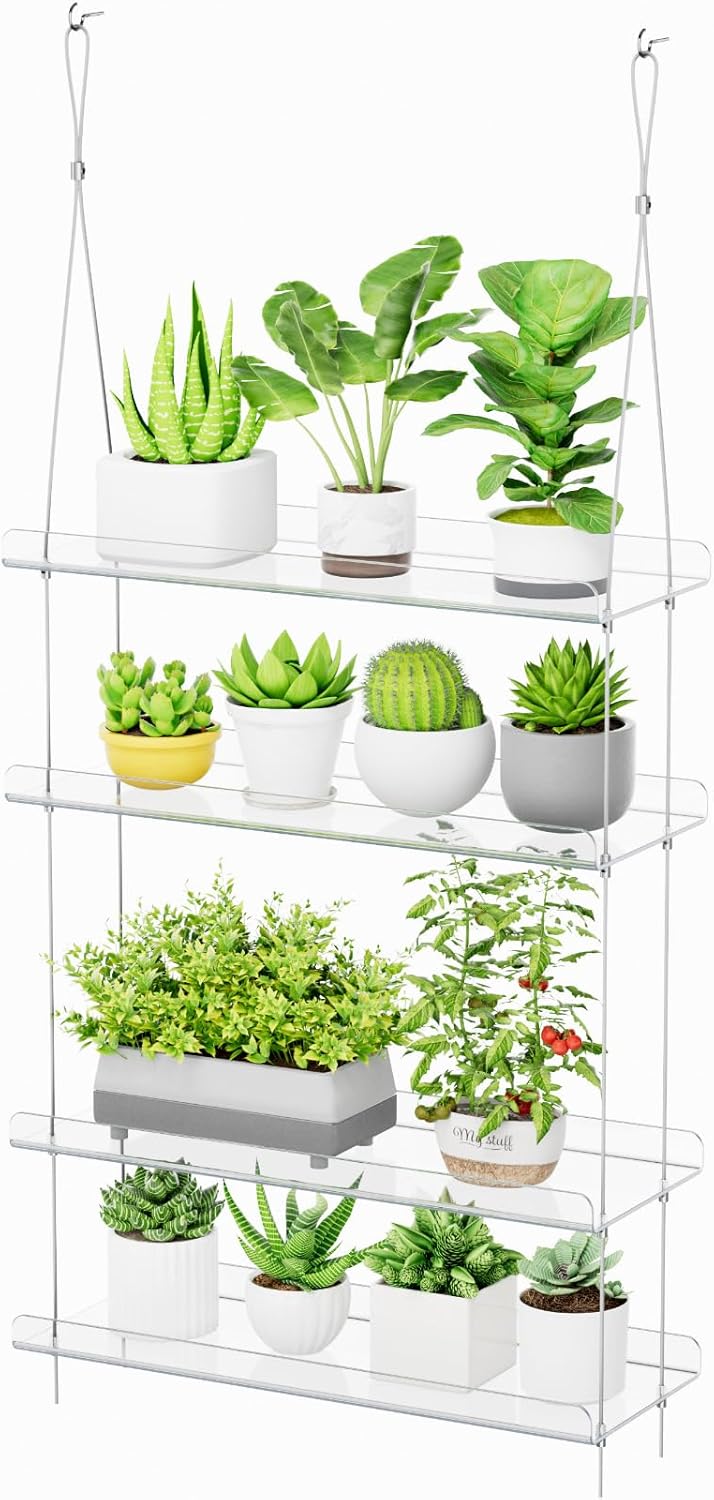Lifewit Estante de Maceta de Plantas de Ventana, 4 Niveles Ajustable Colgante Estante Flotante de Acrílicos Transparente para Suculentas/Plantas en Miniatura/Flores/Especias, para Cocina, Dormitorio