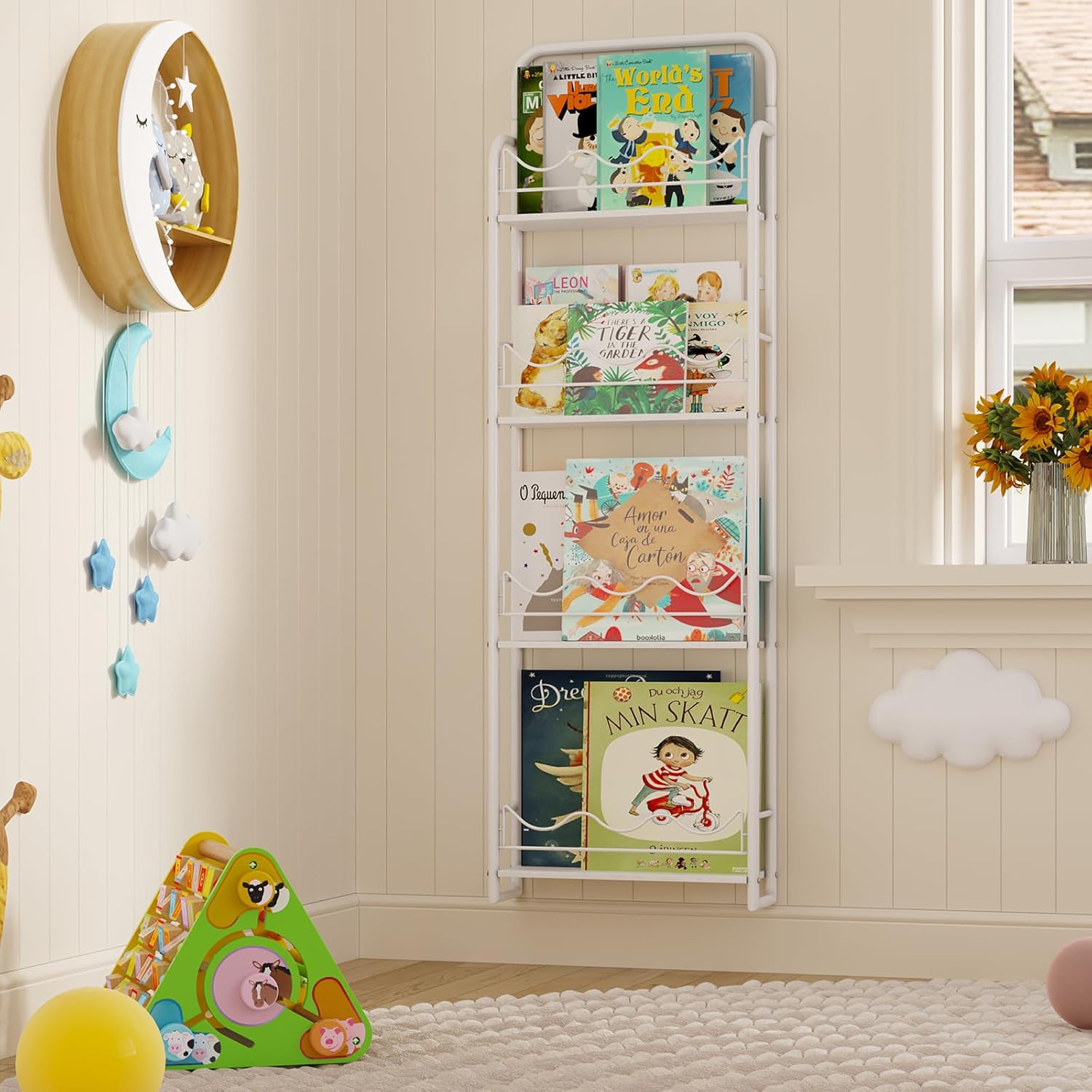 Estantería infantil de pared BBLIKE, blanca - Estantería infantil de pared con 4 baldas, estantería metálica para libros infantiles, 131 cm de altura, para sala de juegos, salón, rincón de lectura (capa de madera)
