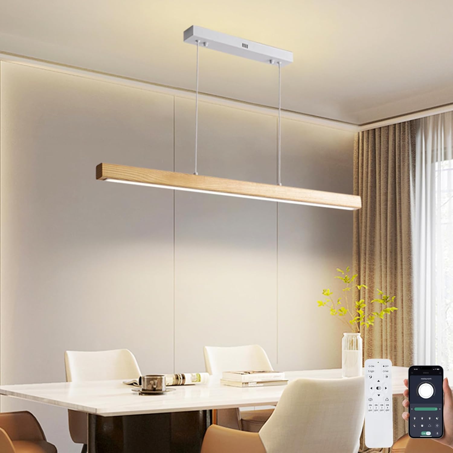Pinrutar LED Madera Lámpara Colgante Mesa de Comedor, Cocina, Luz Colgante Regulable Interiore Control Remoto y App Diseño Moderno, Ajustable Temperatura de Color, Brillo, Altura,L120CM/48W