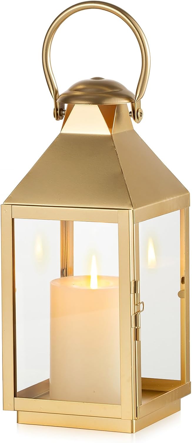 NUPTIO Farol Dorado Resistente a la Intemperie Exterior: 28,5 cm Linternas de Metal Linternas para Velas Linternas para jardín Interior Decoración de Mesa de Boda Gran día de Navidad en portavelas Vin