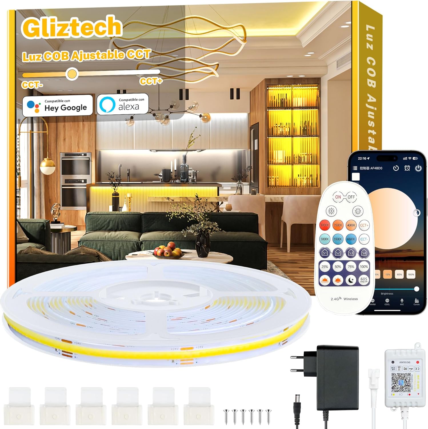 Tira LED COB de 7 m, blanco cálido, compatible con Alexa, 3000 K a 6500 K, regulador de intensidad, cinta LED ultrabrillante, luz LED para debajo de gabinetes con control remoto y aplicación para cocina y dormitorio.