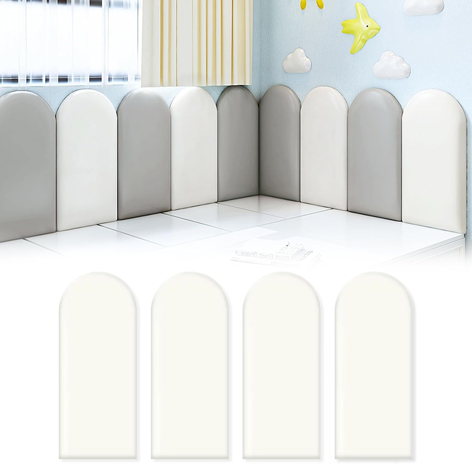 Paneles de pared 3D AYYDS, tapizados autoadhesivos, de poliuretano impermeable para habitación infantil, acolchados, cabecero anticolisión (blanco, 20 x 40 cm, 4 unidades)
