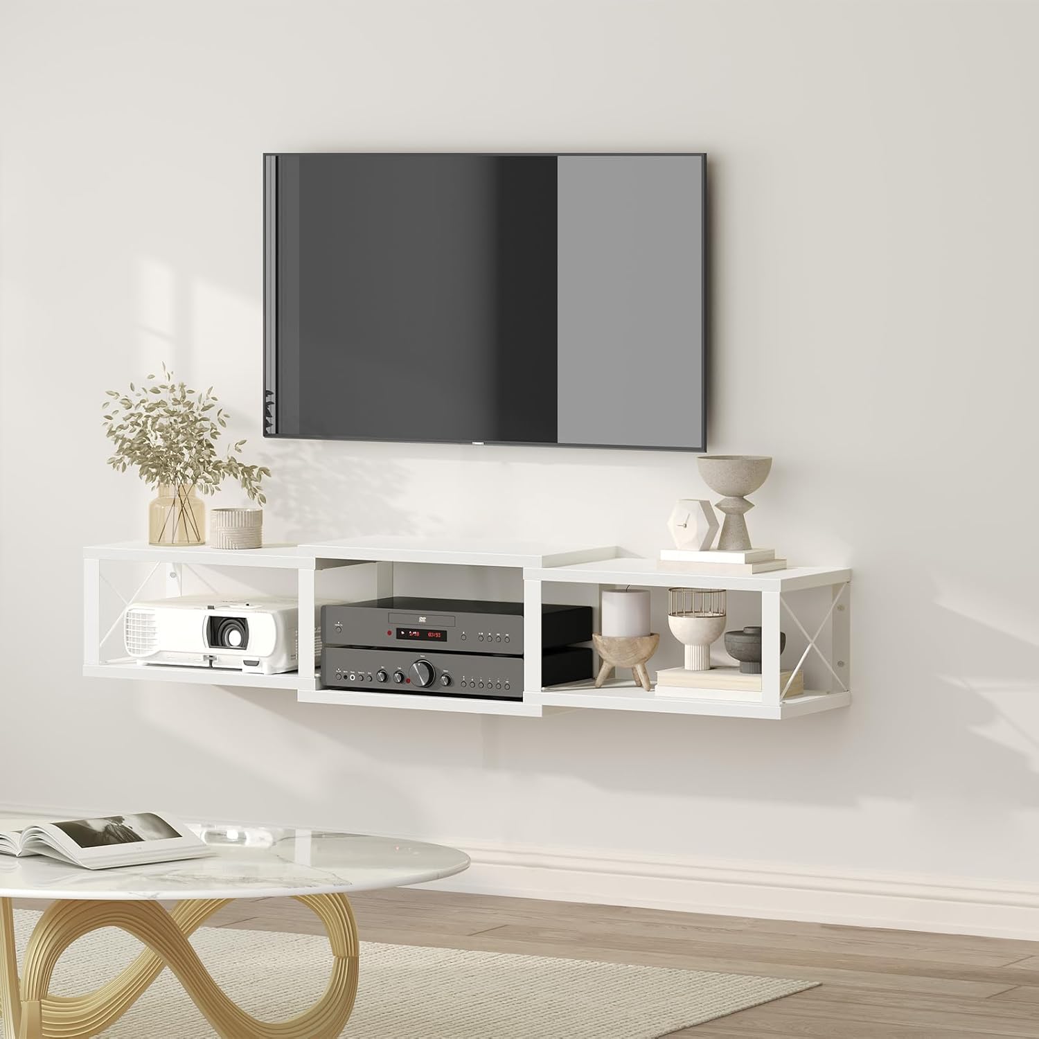 Mueble de pared para TV MAHANCRIS, consola multimedia, mueble bajo con almacenaje, mesa auxiliar para TV, ideal para salón, dormitorio u oficina, color blanco ATVBW10101