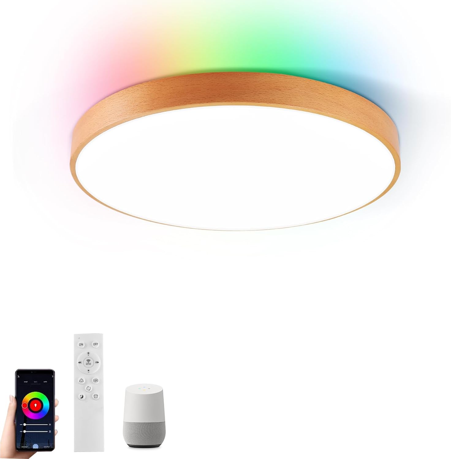 Lámpara de techo inteligente LED WiFi con control remoto, lámpara de techo de madera de haya natural, compatible con Alexa y Google Home, luz que cambia de color para el dormitorio y la sala de estar.