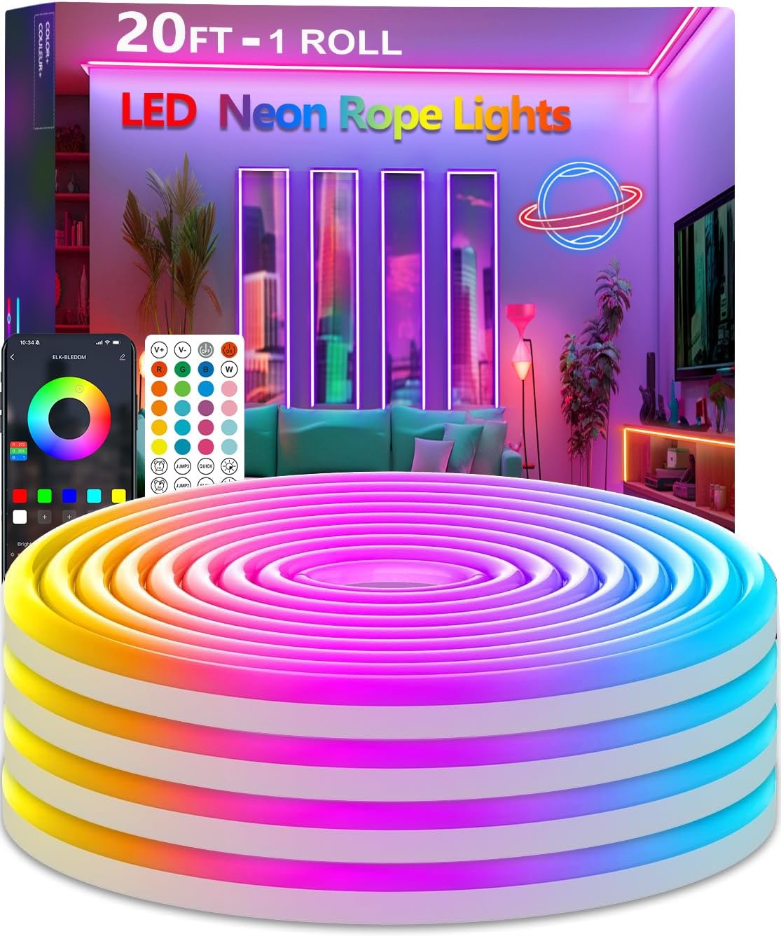 Tiras LED Neón RGB de 6M, 24V, flexibles y personalizables. Sincronización musical para cambiar colores con frecuencia de sonido. Instalación simple con clips, no autoadhesivas. Perfectas para decorac