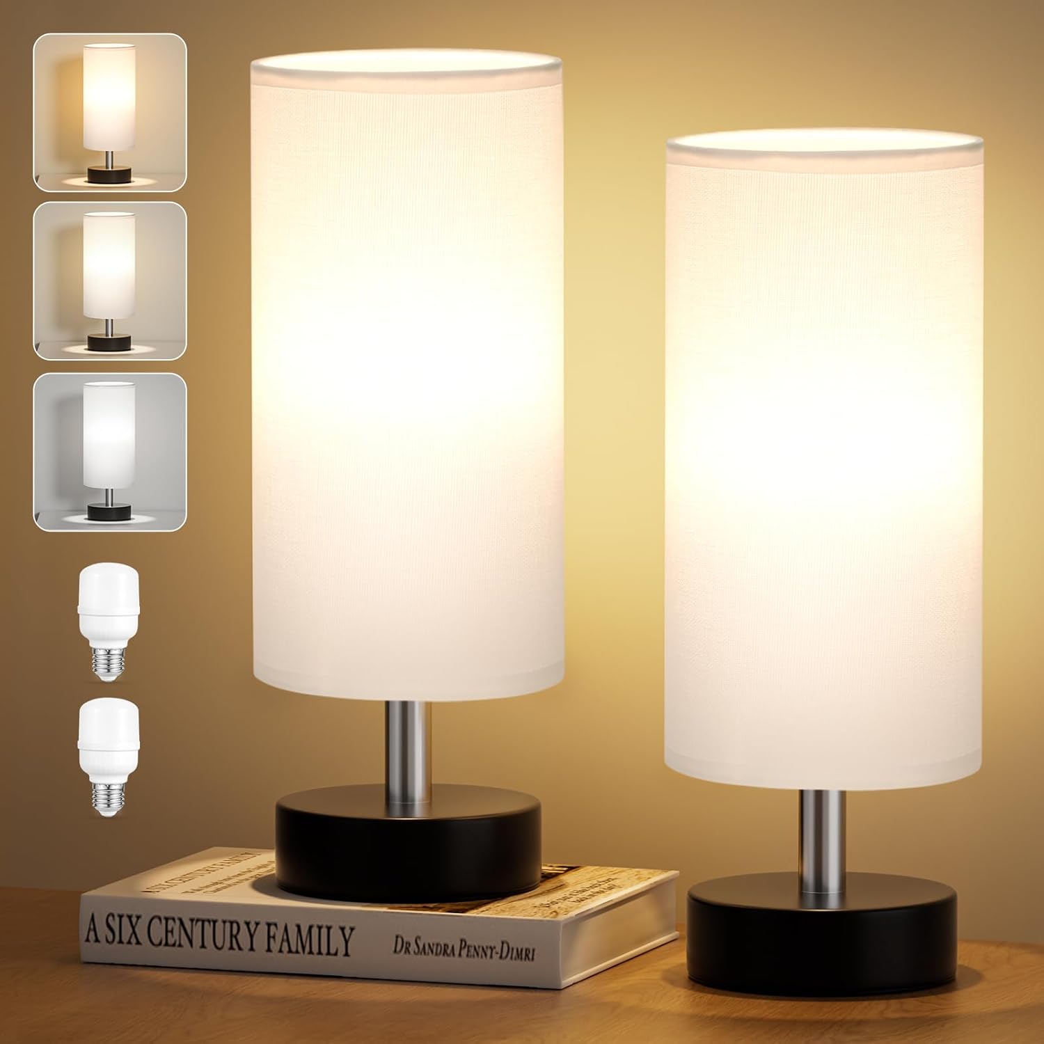 Kakanuo Lámpara de noche, lámpara de mesa pequeña con pantalla de lino blanco, lámpara de noche para dormitorio, sala de estar, oficina (bombillas térmicas de 3 colores incluidas)