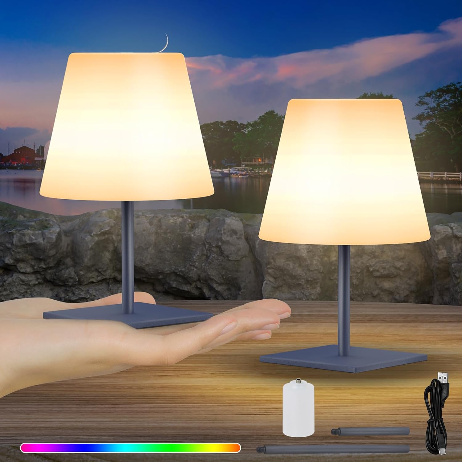 RWWR - Pack de 2 lámparas de mesa LED recargables, minilámpara inalámbrica, pequeña, regulable en blanco cálido y 7 colores, recargable tipo C, para exteriores, dormitorio, balcón y patio (gris, control táctil, base cuadrada)