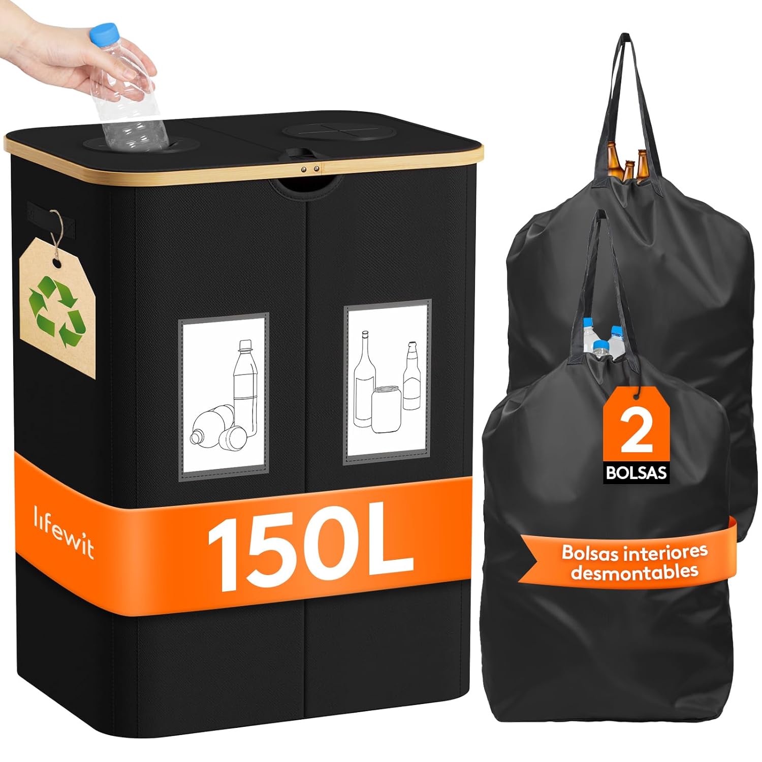 Contenedor Lifewit de 150 l para botellas de plástico y vidrio, organizador de botellas con tapa, recolector de botellas vacías con 2 compartimentos, color negro