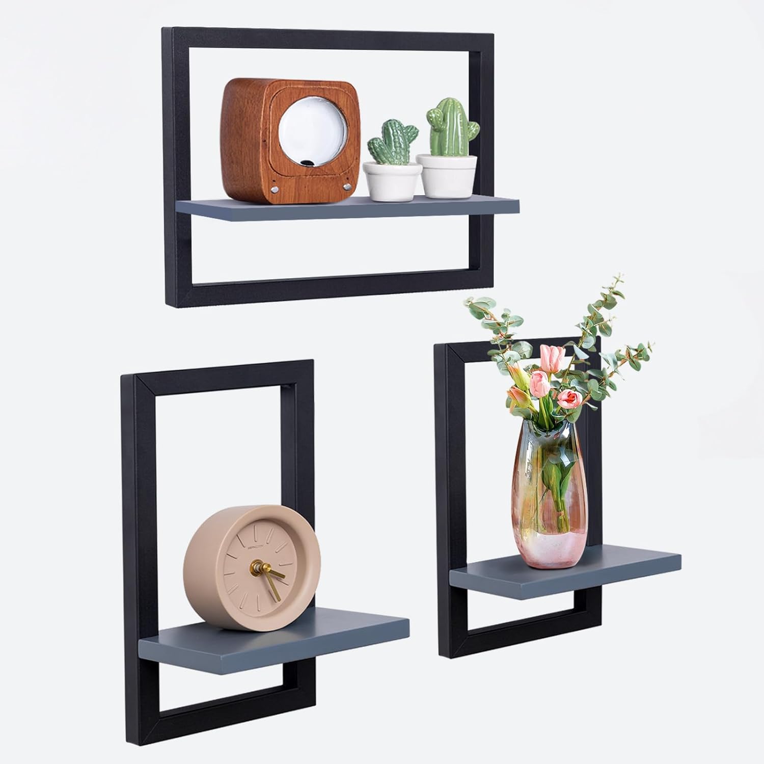 Juego de 3 estantes de pared hi-home, estante flotante para decoración de pared, estantes colgantes para almacenamiento de pared, estantería cuadrada de pared, estante colgante de pared de madera para dormitorio, sala de estar, gris